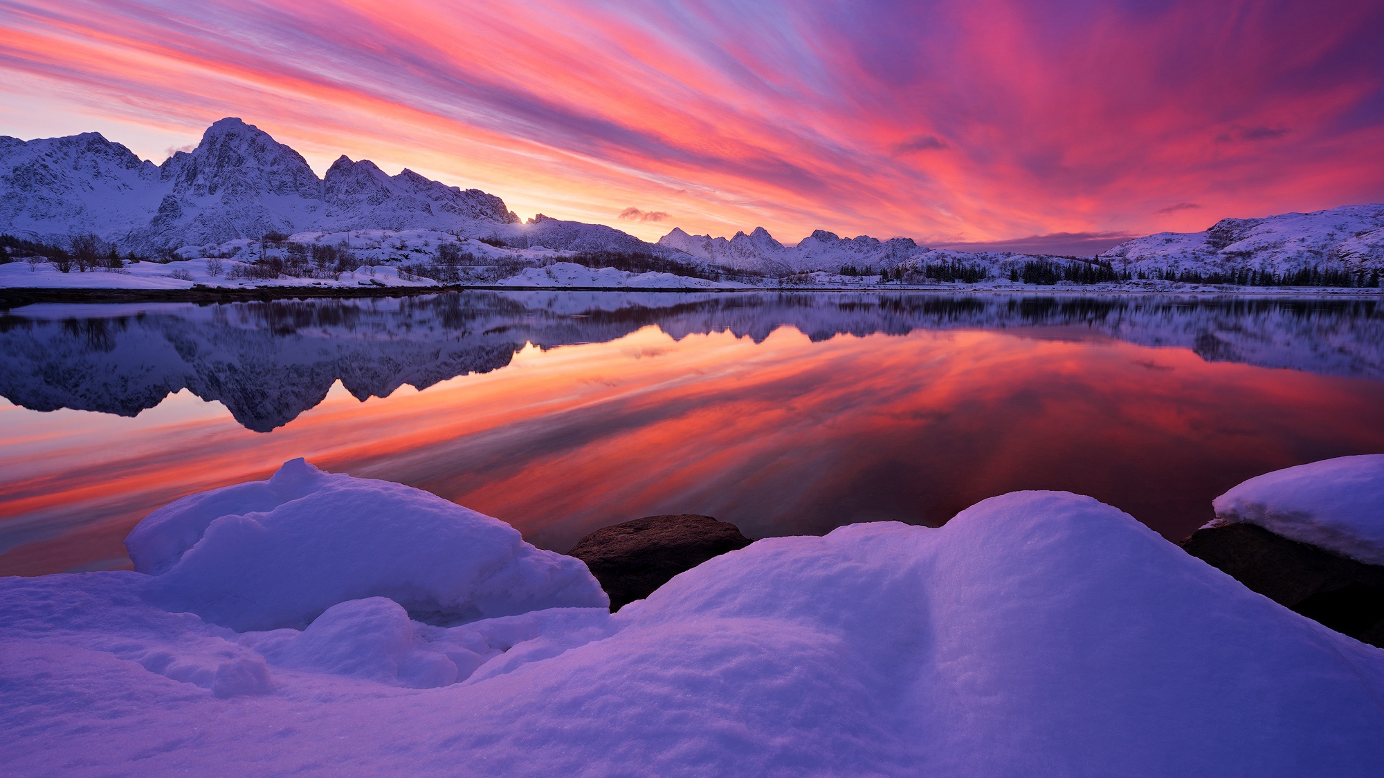 Download mobile wallpaper Winter, Nature, Sunset, Snow, Lake, Reflection, Earth for free.