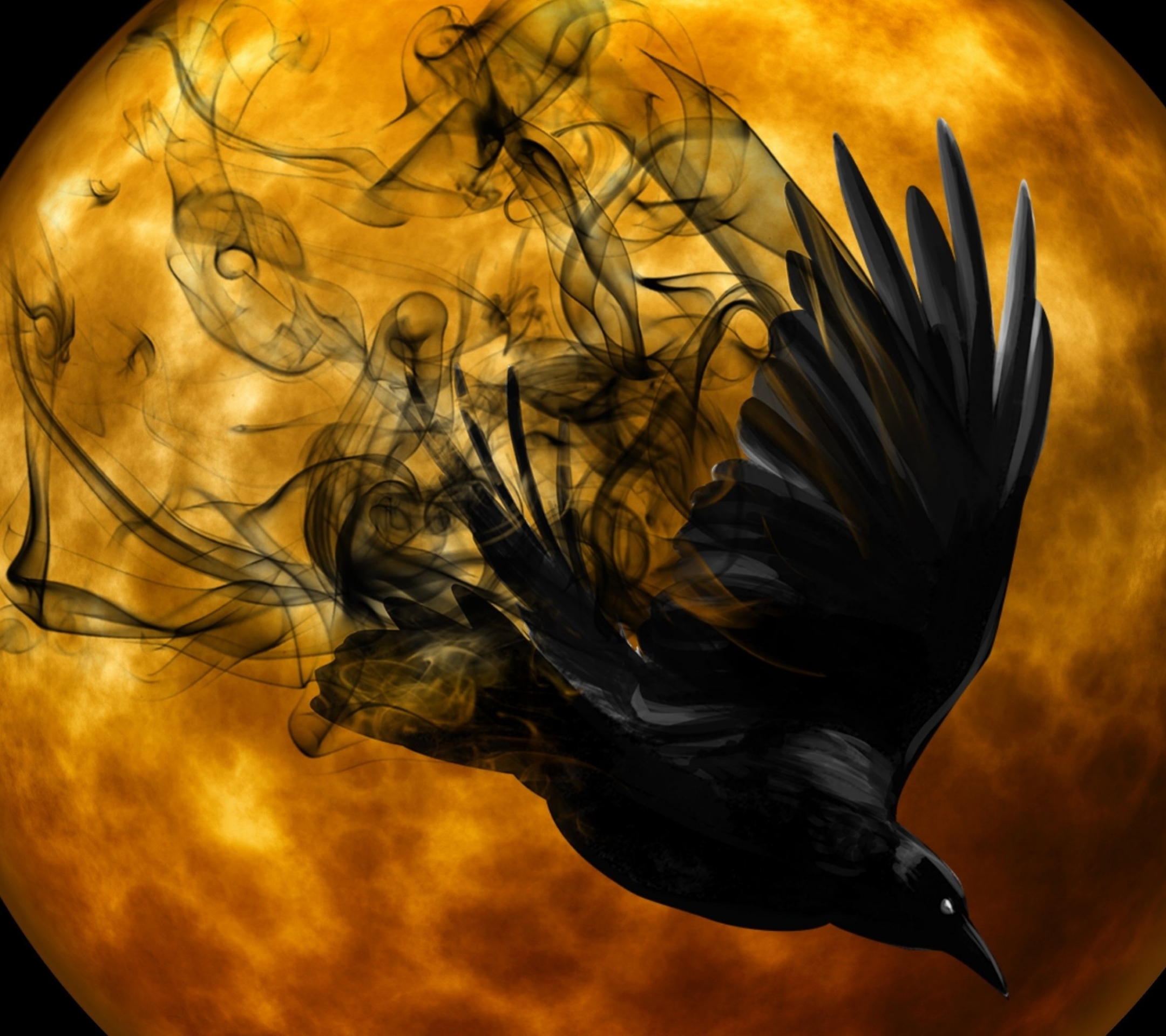 Download mobile wallpaper Halloween, Moon, Bird, Holiday, Raven, Orange (Color) for free.
