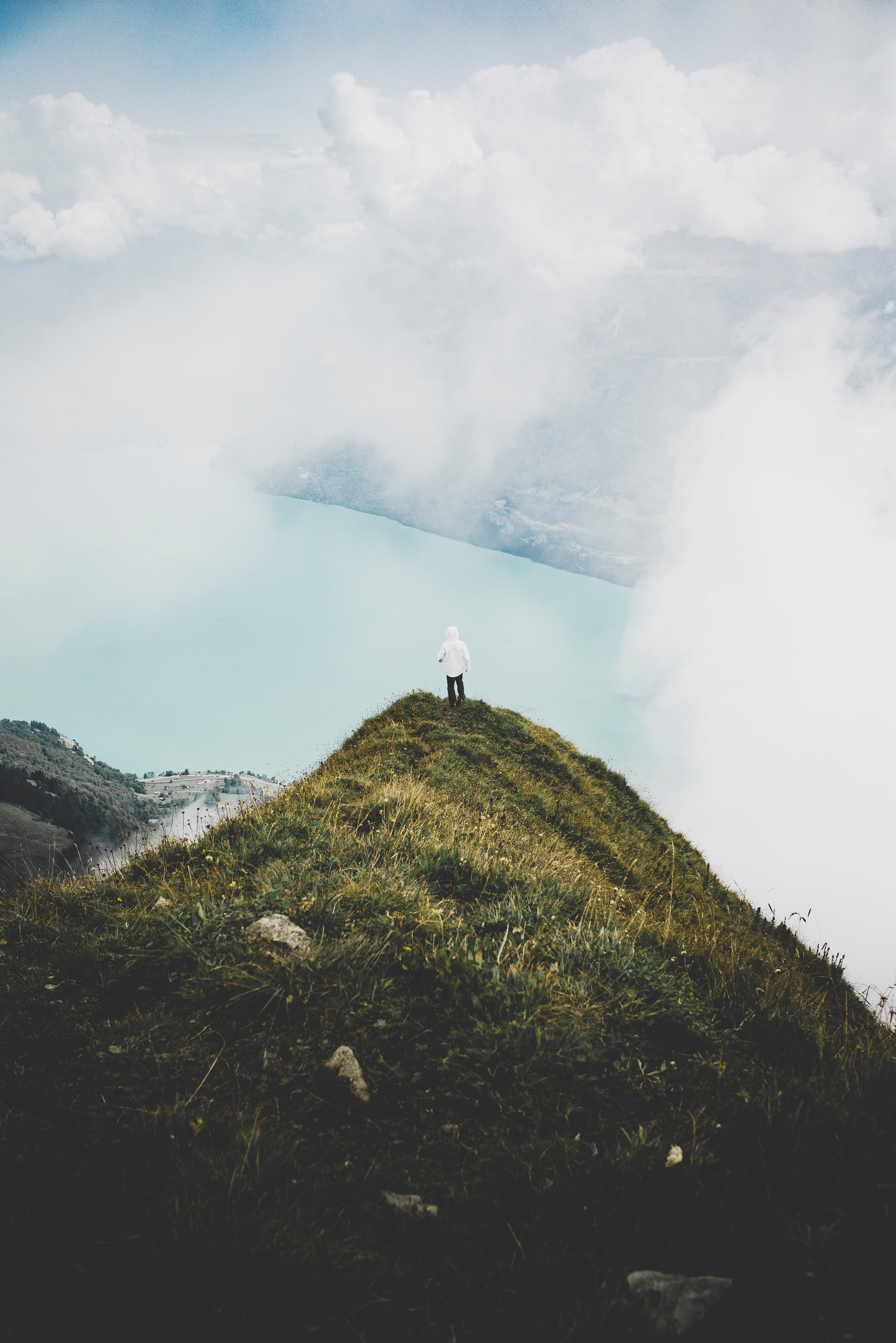 nature, clouds, mountain, vertex, top, privacy, seclusion, human, person, loneliness, alone, lonely