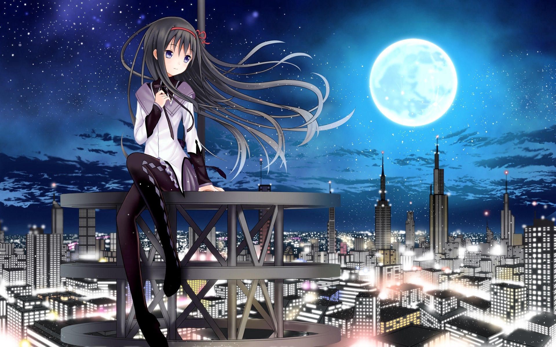 Free download wallpaper City, Tower, Brunette, Girl, Moon, Anime on your PC desktop
