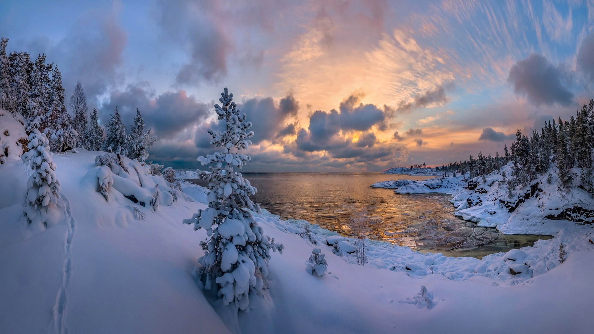 Download mobile wallpaper Winter, Nature, Sky, Snow, Horizon, Tree, Earth, Cloud, Coastline for free.