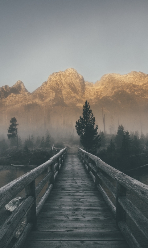 Download mobile wallpaper Landscape, Bridges, Mountain, Tree, Fog, Bridge, River, Man Made for free.