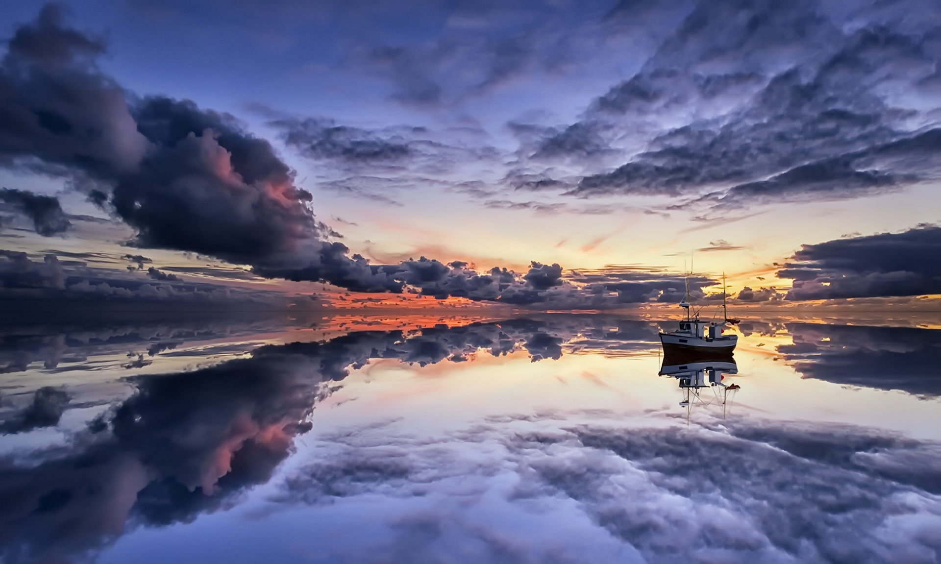 vehicles, fishing boat, boat, cloud, horizon, ocean, reflection, sky