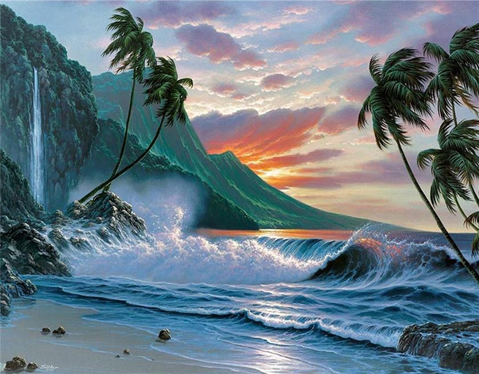 Download mobile wallpaper Fantasy, Sunset, Beach, Mountain, Ocean, Painting, Artistic, Tropical, Wave, Palm Tree for free.