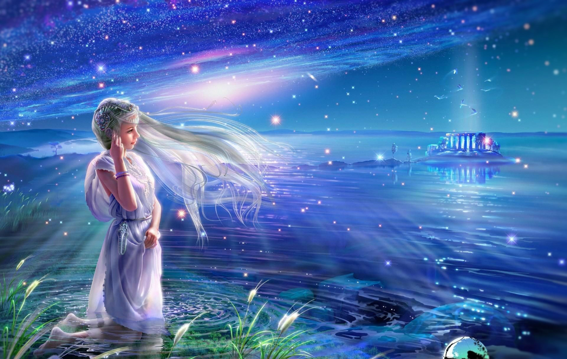 Free download wallpaper Fantasy, Sky, Ocean, Starry Sky, Blonde, Women on your PC desktop