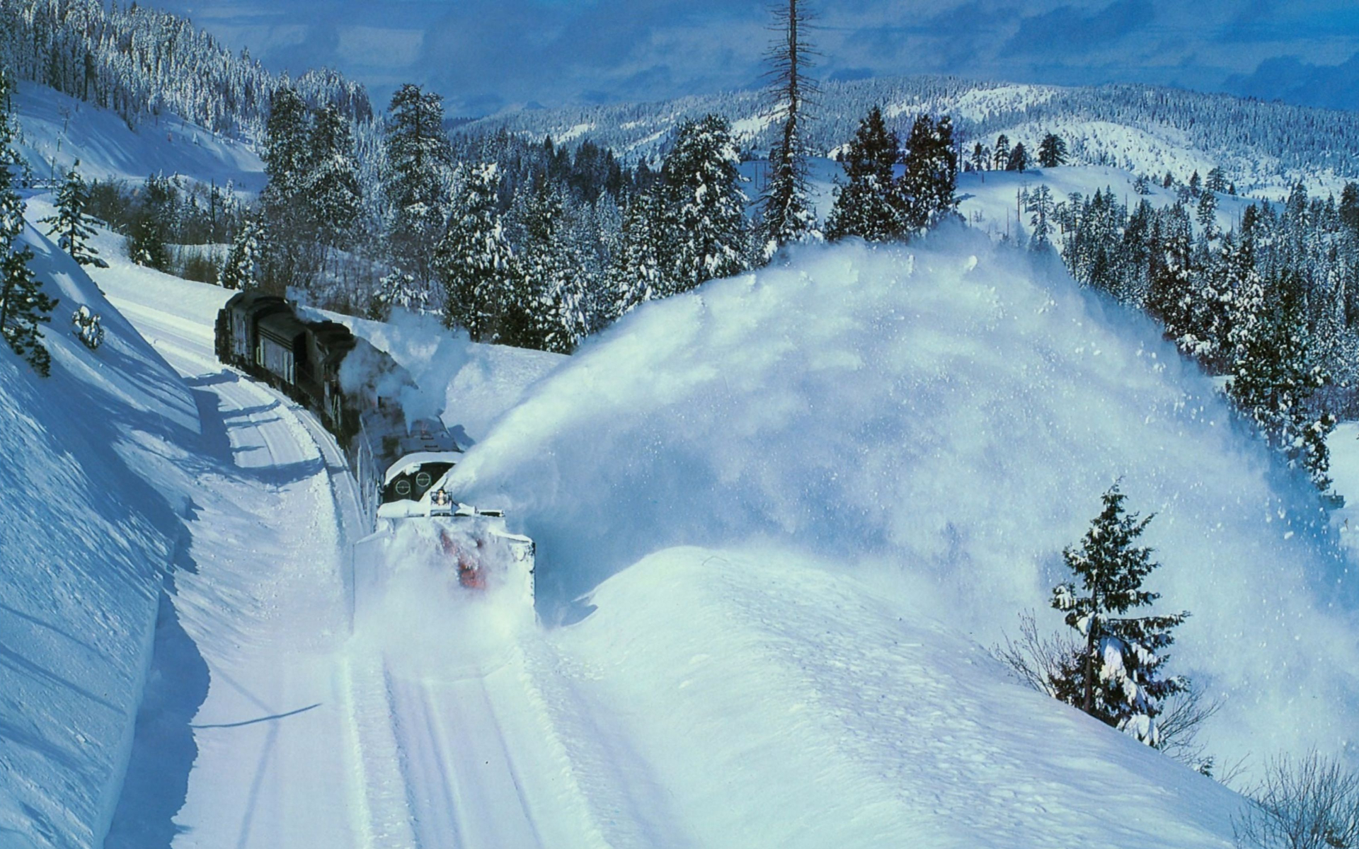 Free download wallpaper Winter, Snow, Mountain, Tree, Train, Vehicles on your PC desktop