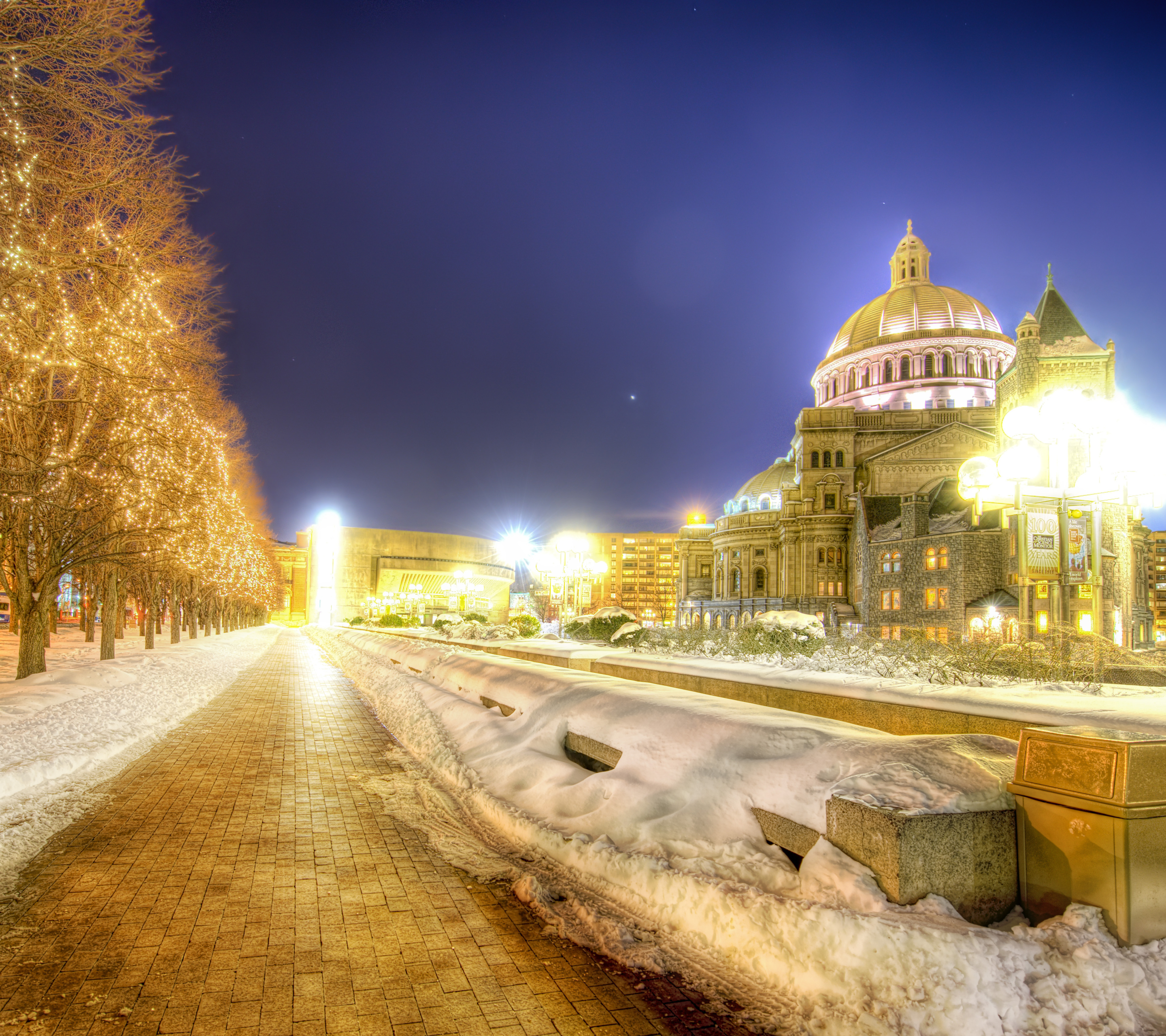 Download mobile wallpaper Cities, Winter, Night, Snow, City, Building, Light, Boston, Man Made, Walkway, Christmas Lights for free.