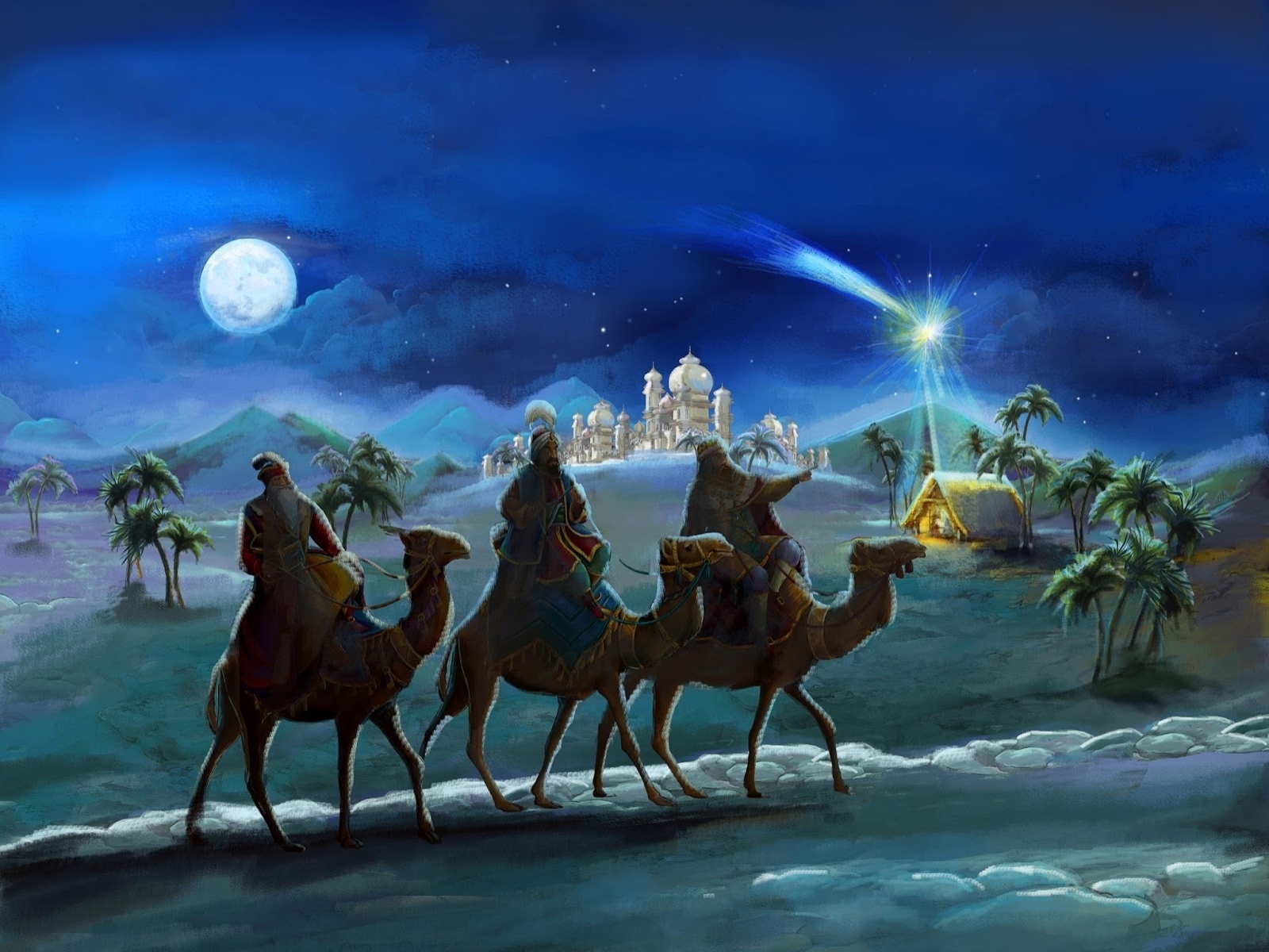 873099 завантажити картинку різдво, три мудреці, свято, верблюд, пустеля, місяць, ніч, палац, зірка - шпалери і заставки безкоштовно