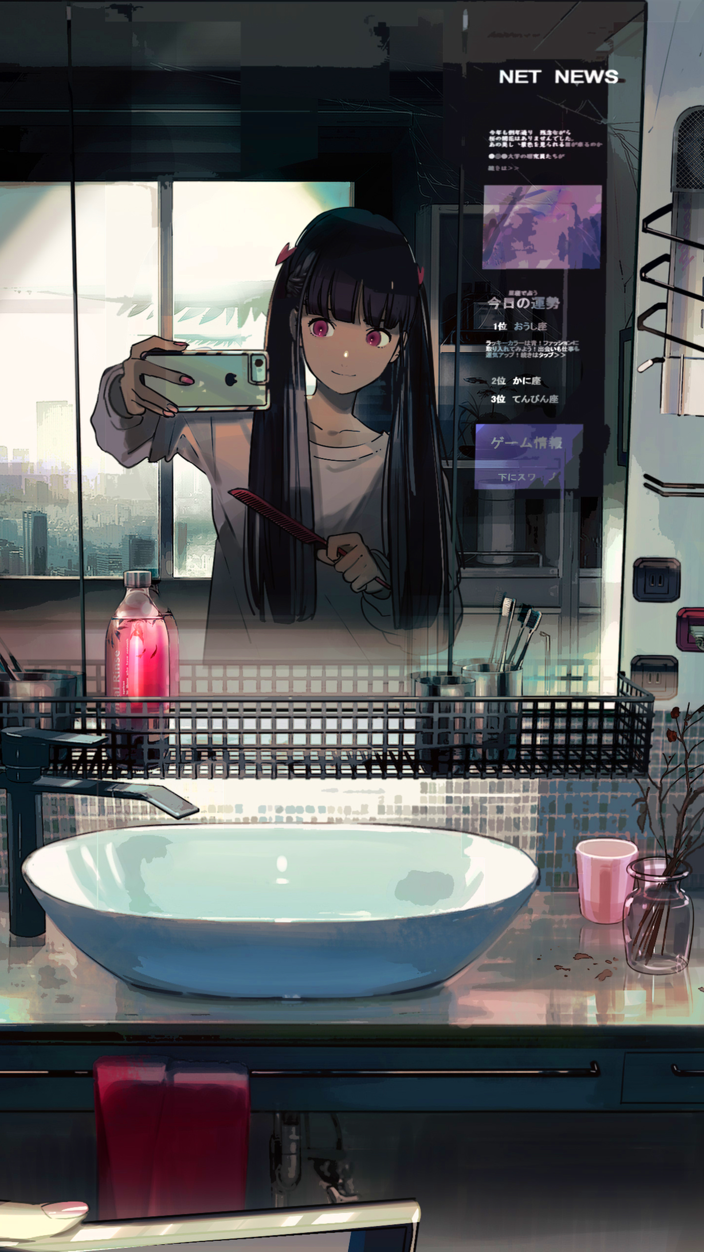 Download mobile wallpaper Anime, Room, Bathroom, Selfie, Smartphone, Black Hair, Long Hair, Twintails for free.