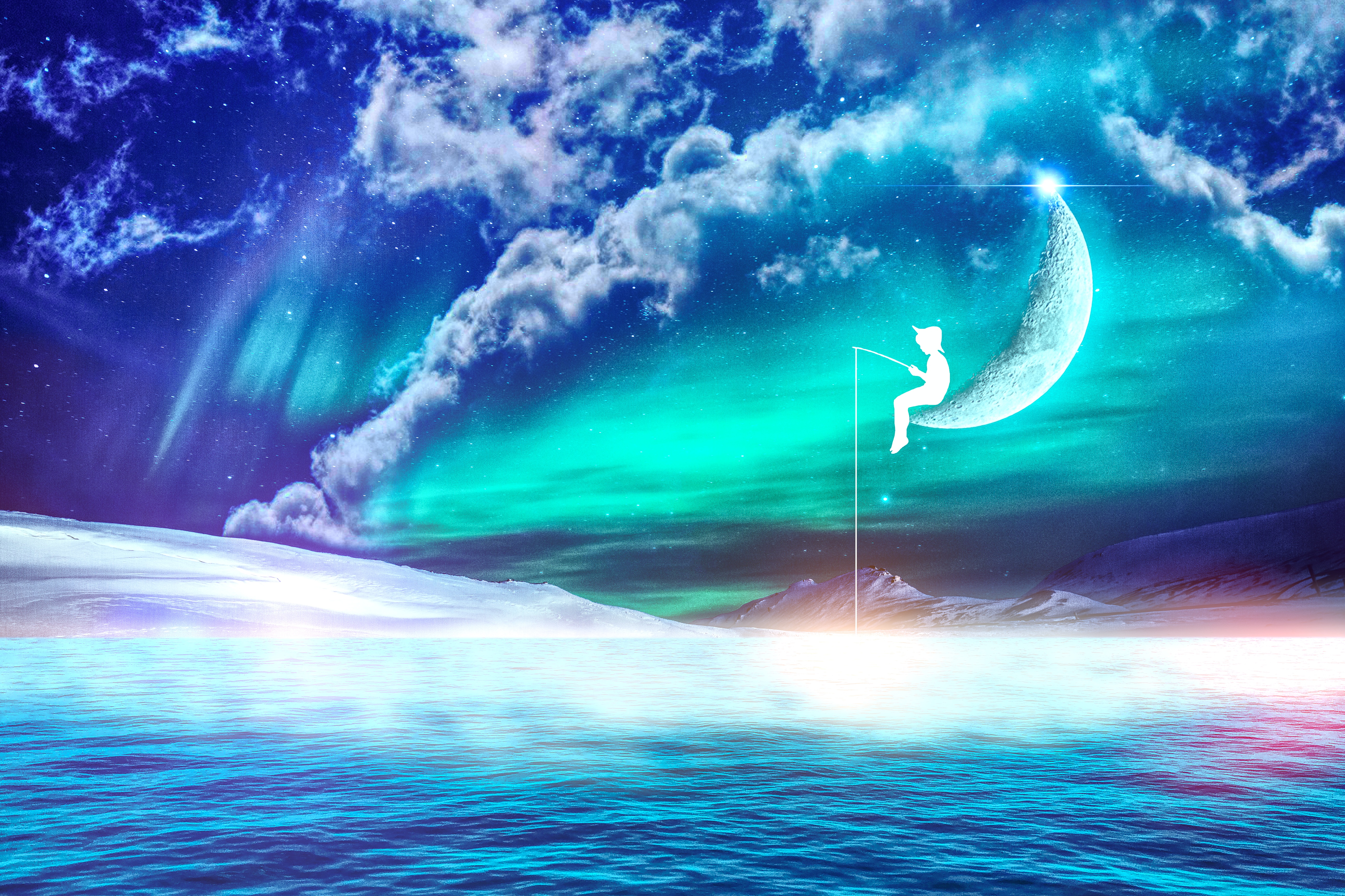 art, fisherman, fantasy, moon, silhouette, photoshop mobile wallpaper