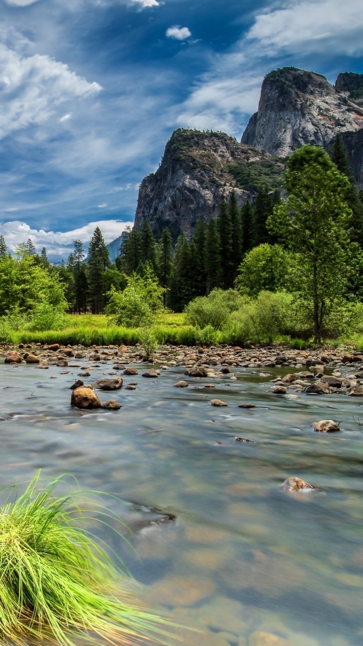 Download mobile wallpaper Landscape, Nature, Mountain, Tree, Earth, Cliff, Stream, National Park, Cloud, Yosemite National Park for free.