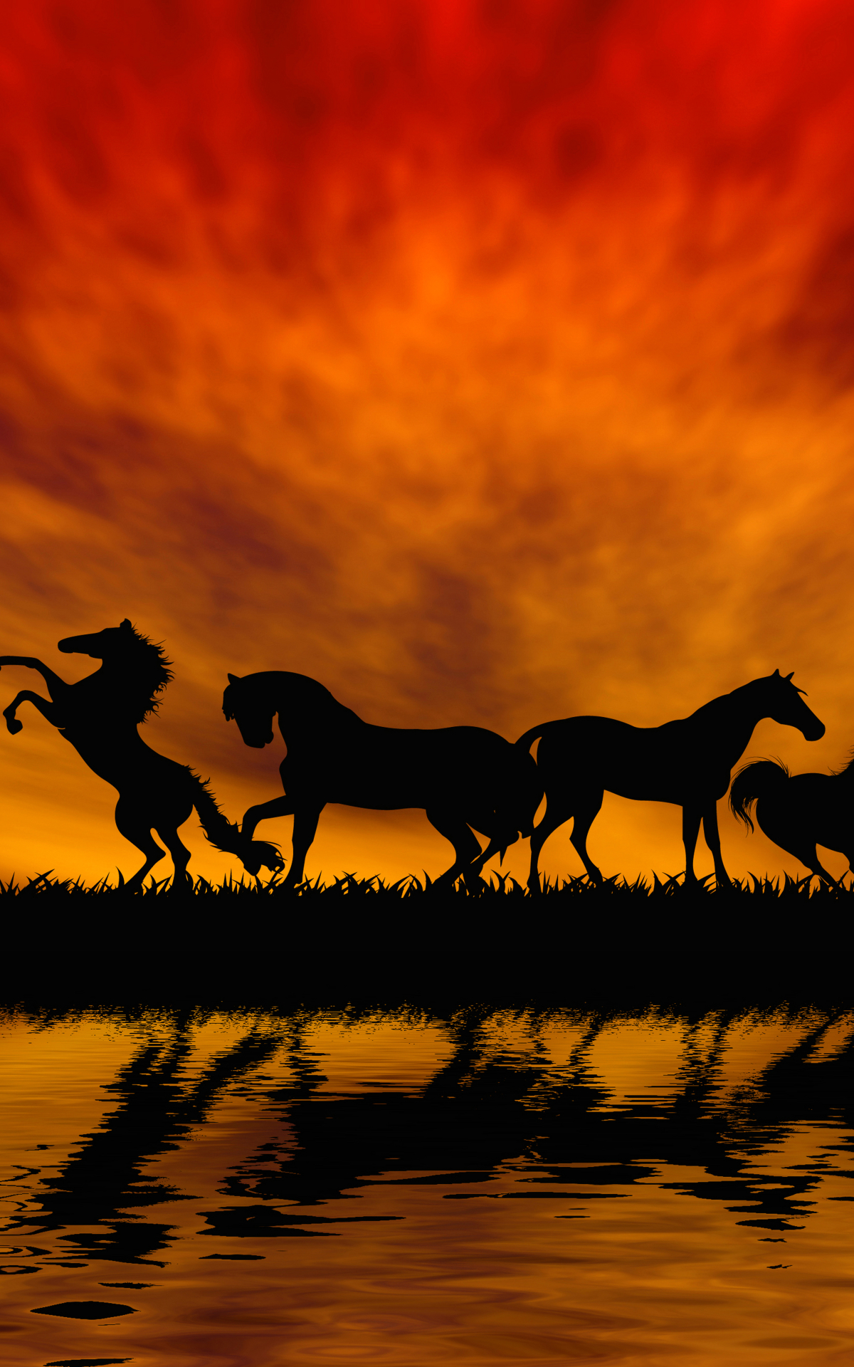 Download mobile wallpaper Sunset, Reflection, Silhouette, Animal, Horse, Orange (Color) for free.