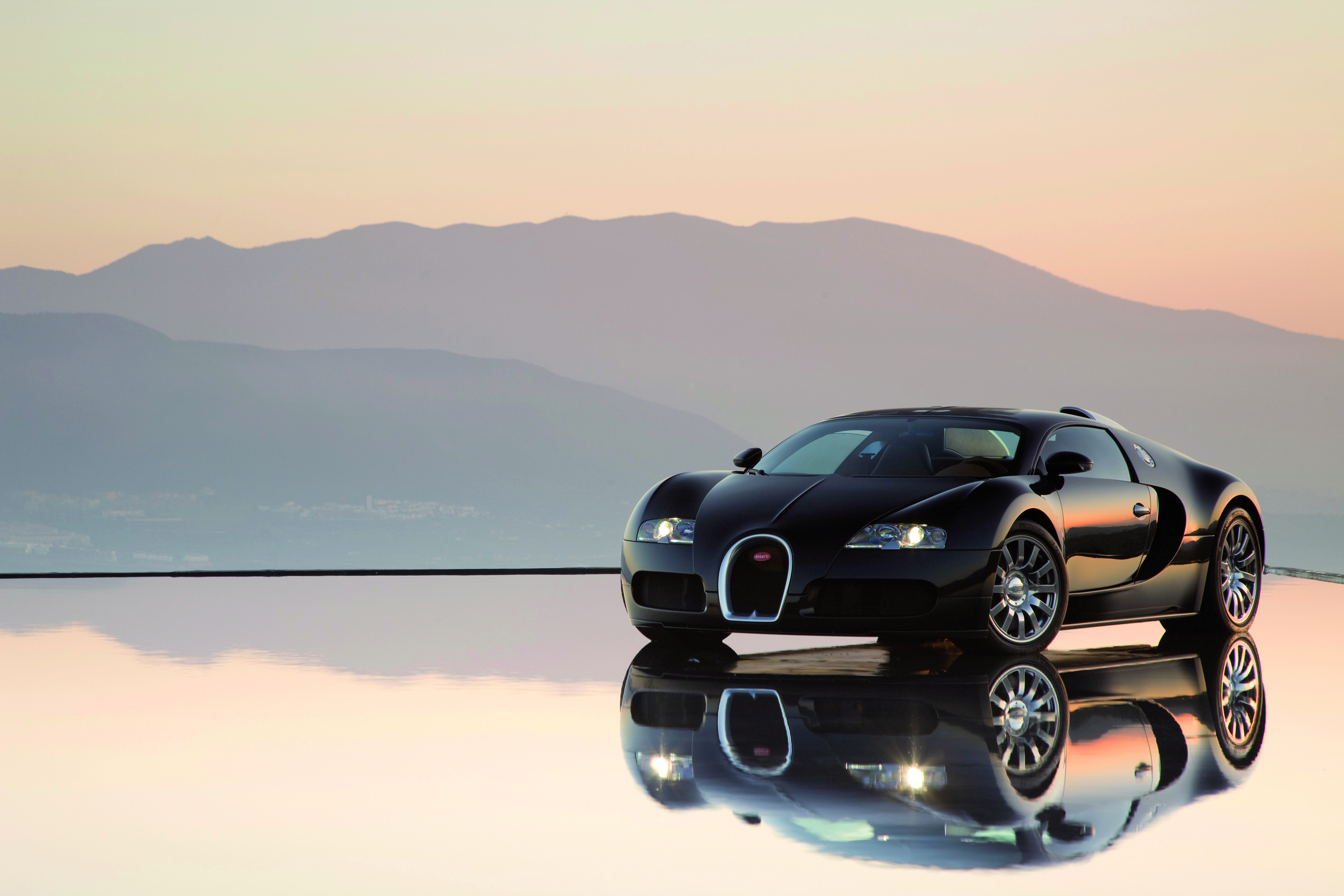 Laden Sie das Bugatti, Autos, Supersportwagen, Bugatti Veyron, Fahrzeuge, Spiegelung, Schwarzes Auto-Bild kostenlos auf Ihren PC-Desktop herunter
