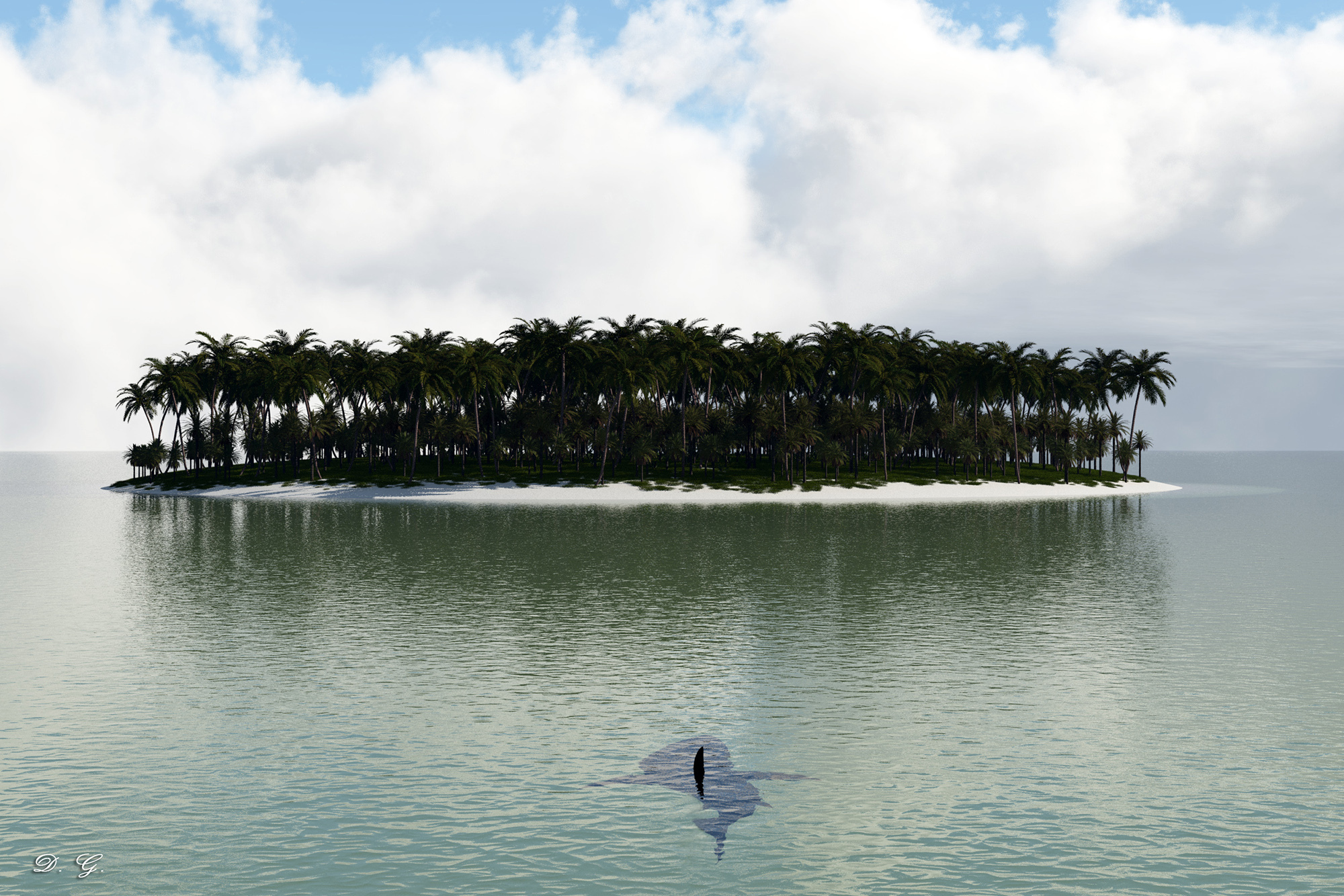 Free download wallpaper Landscape, Island, Artistic, Shark on your PC desktop
