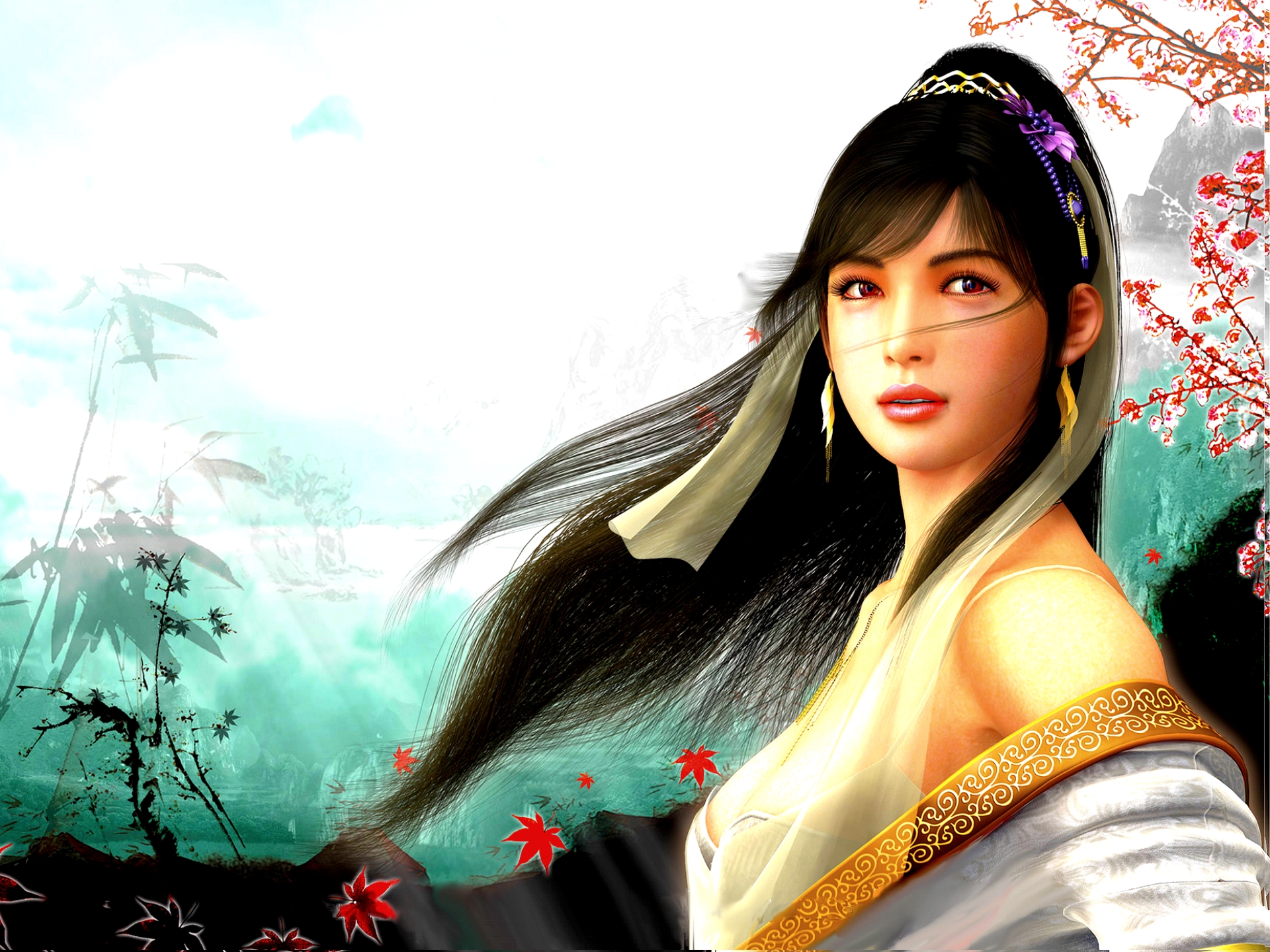 Free download wallpaper Fantasy, Flower, Women, Asian, Black Hair on your PC desktop