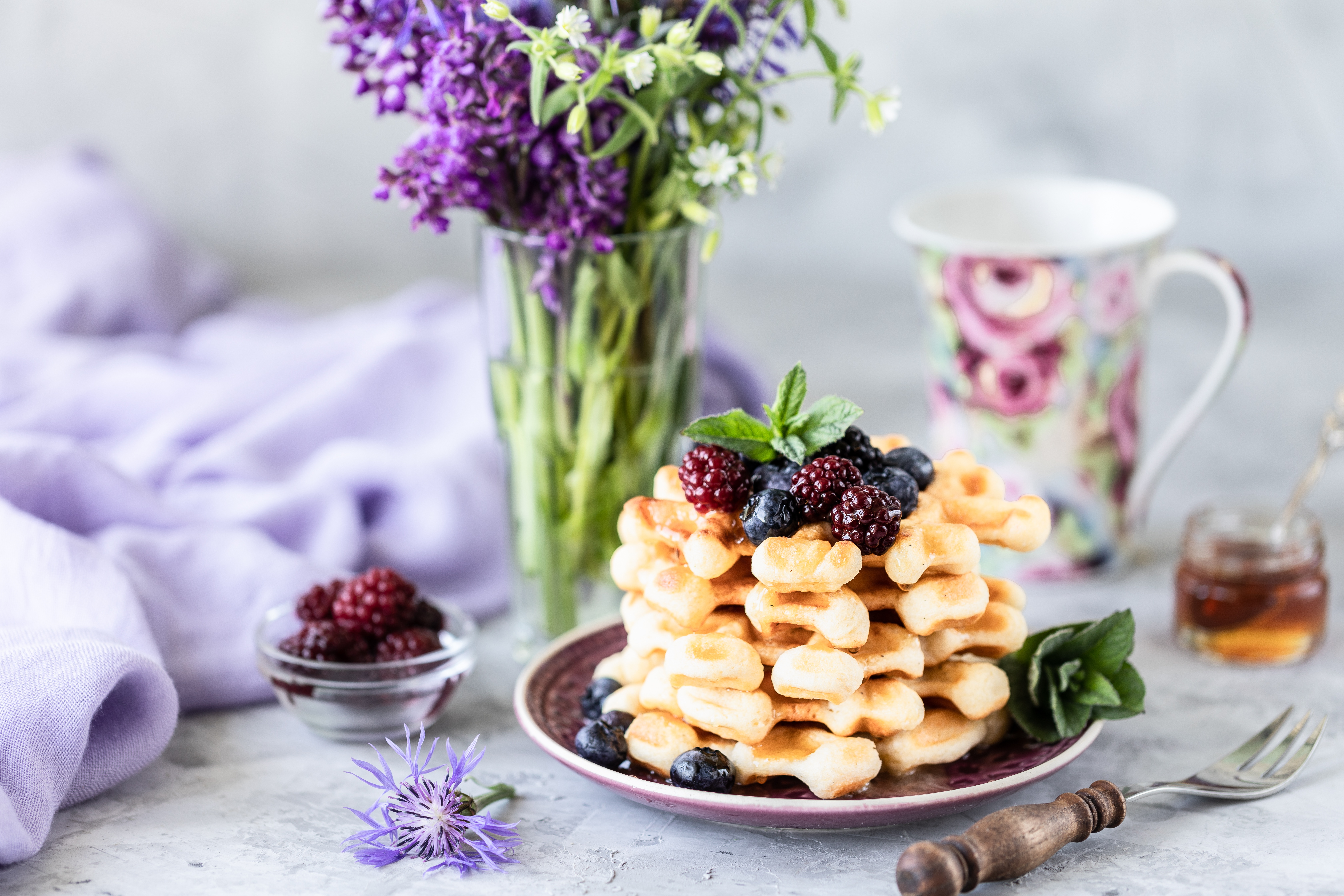 Download mobile wallpaper Food, Still Life, Berry, Waffle, Breakfast for free.