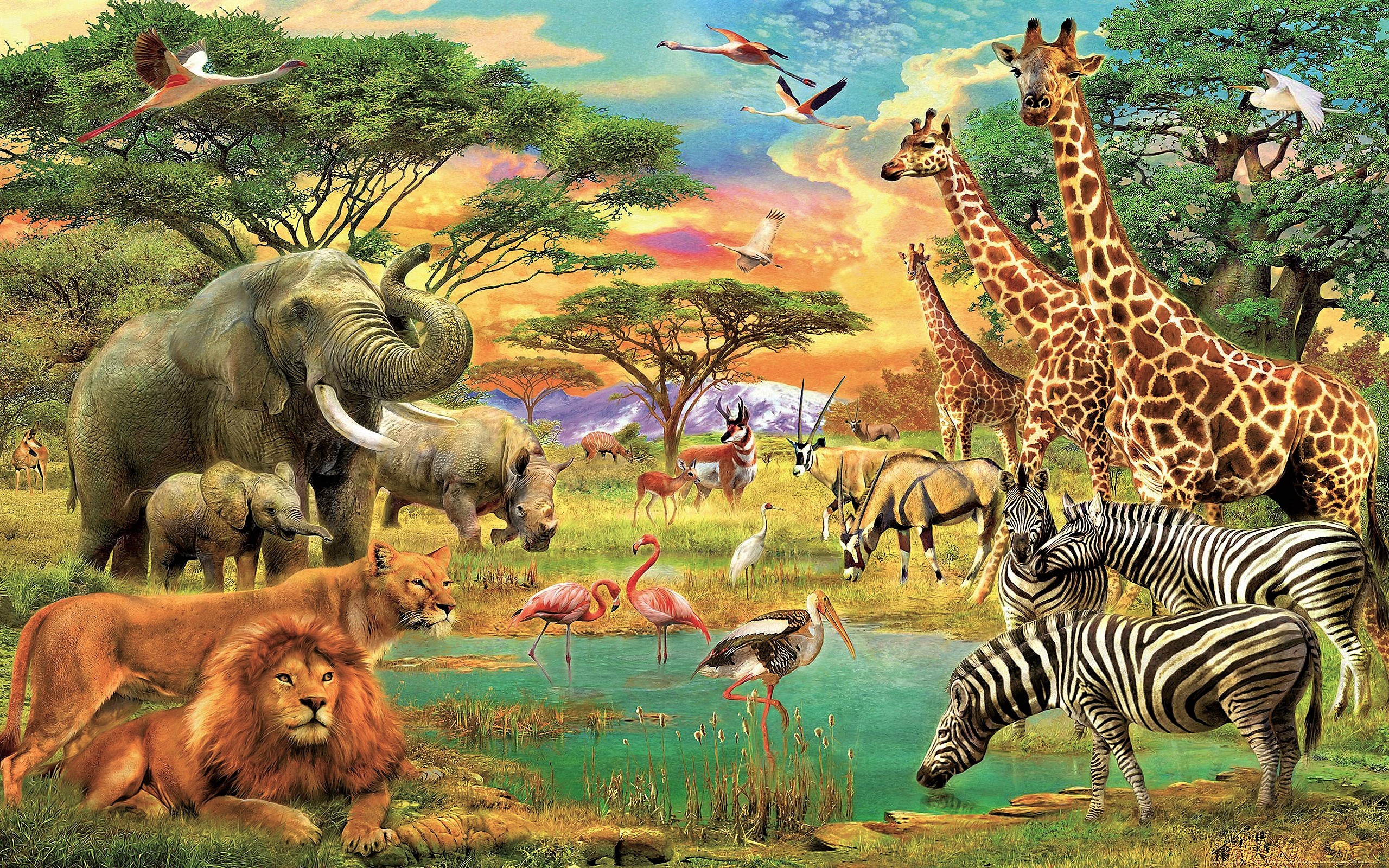 885900壁紙のダウンロード動物, 芸術的, アフリカ, アンテロープ, 鳥, 象, フラミンゴ, キリン, ライオン, 池, 木, シマウマ-スクリーンセーバーと写真を無料で