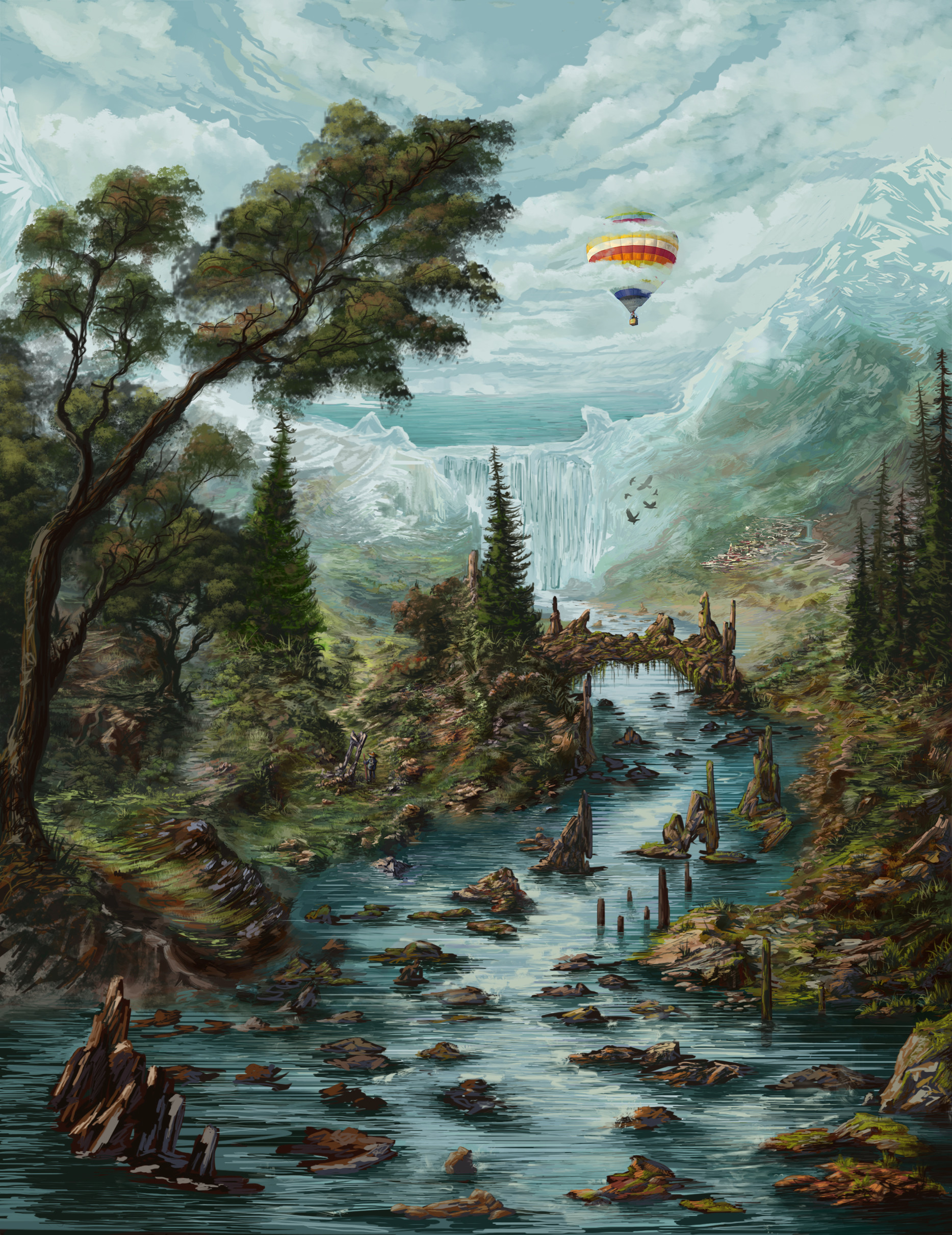 Download mobile wallpaper Balloon, Waterfall, Landscape, Art for free.