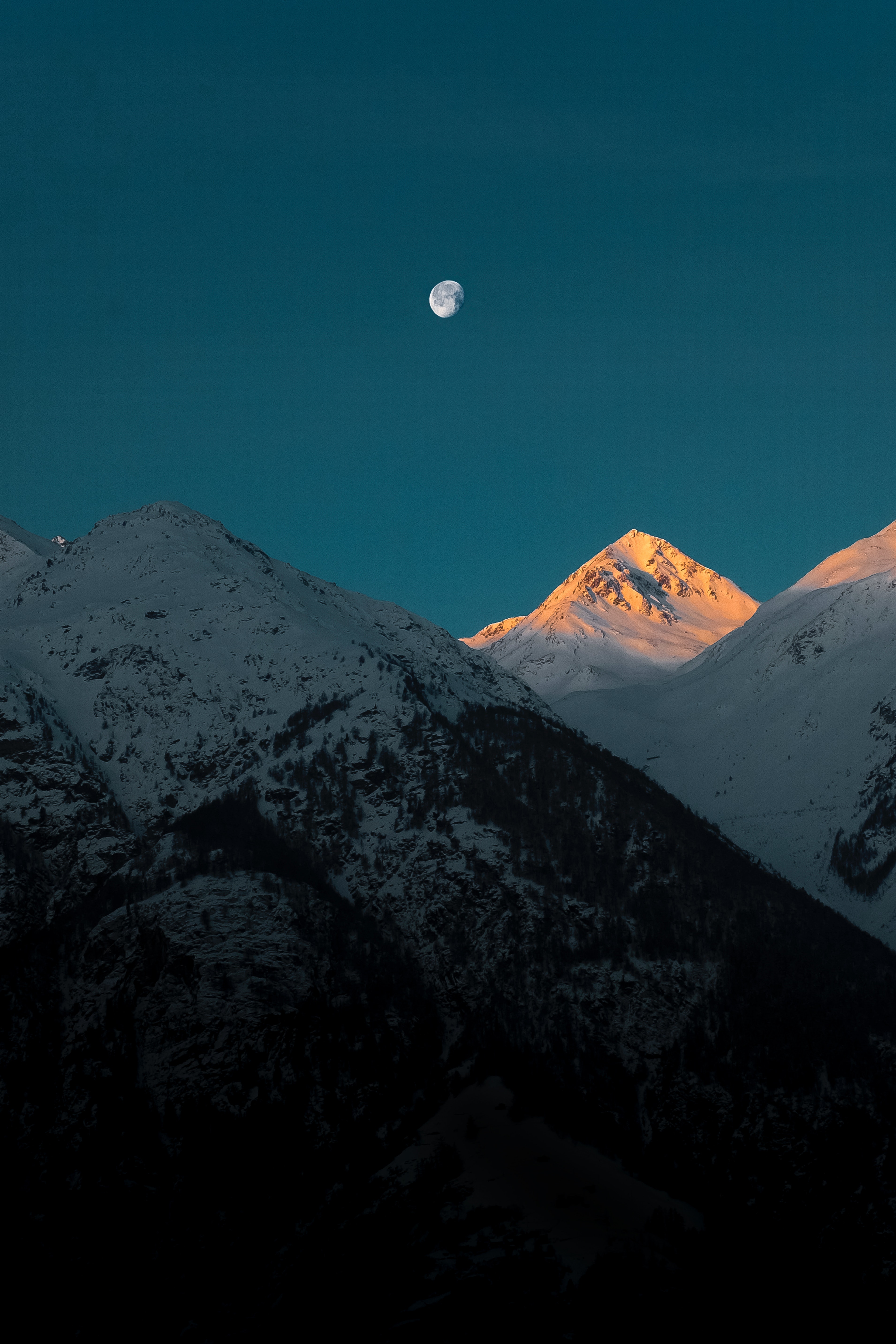 mountains, vertex, nature, moon, twilight, top, dusk, snow covered, snowbound cellphone