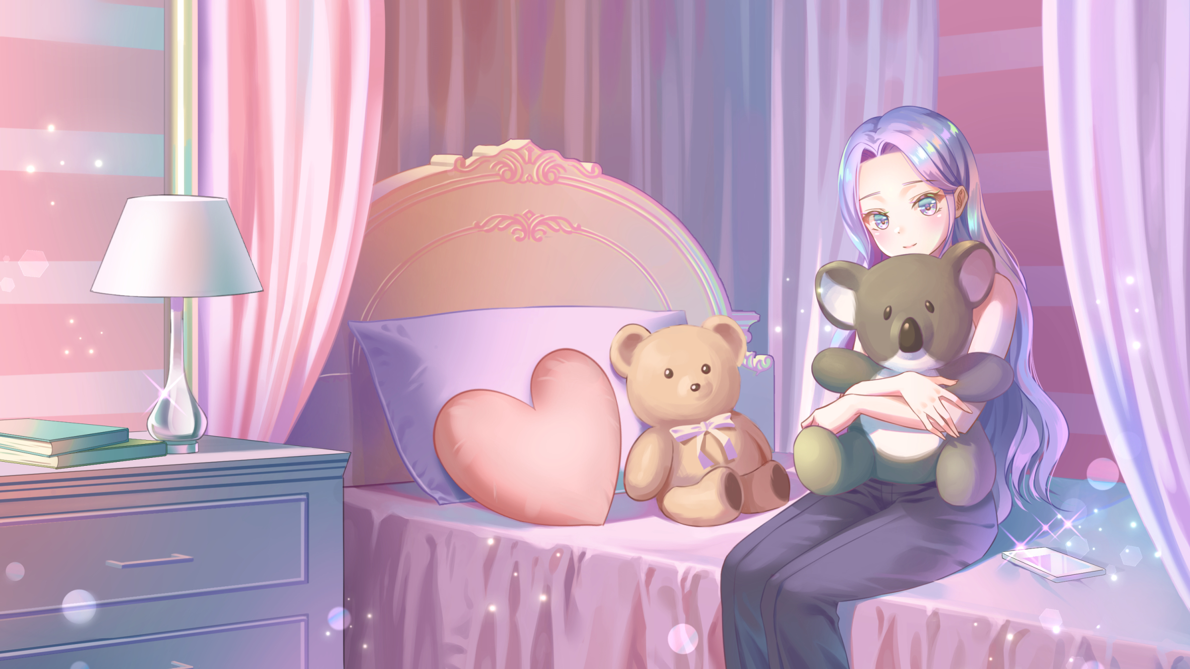 Download mobile wallpaper Anime, Teddy Bear, Girl, Bed, Long Hair, Aqua Eyes, Aqua Hair for free.