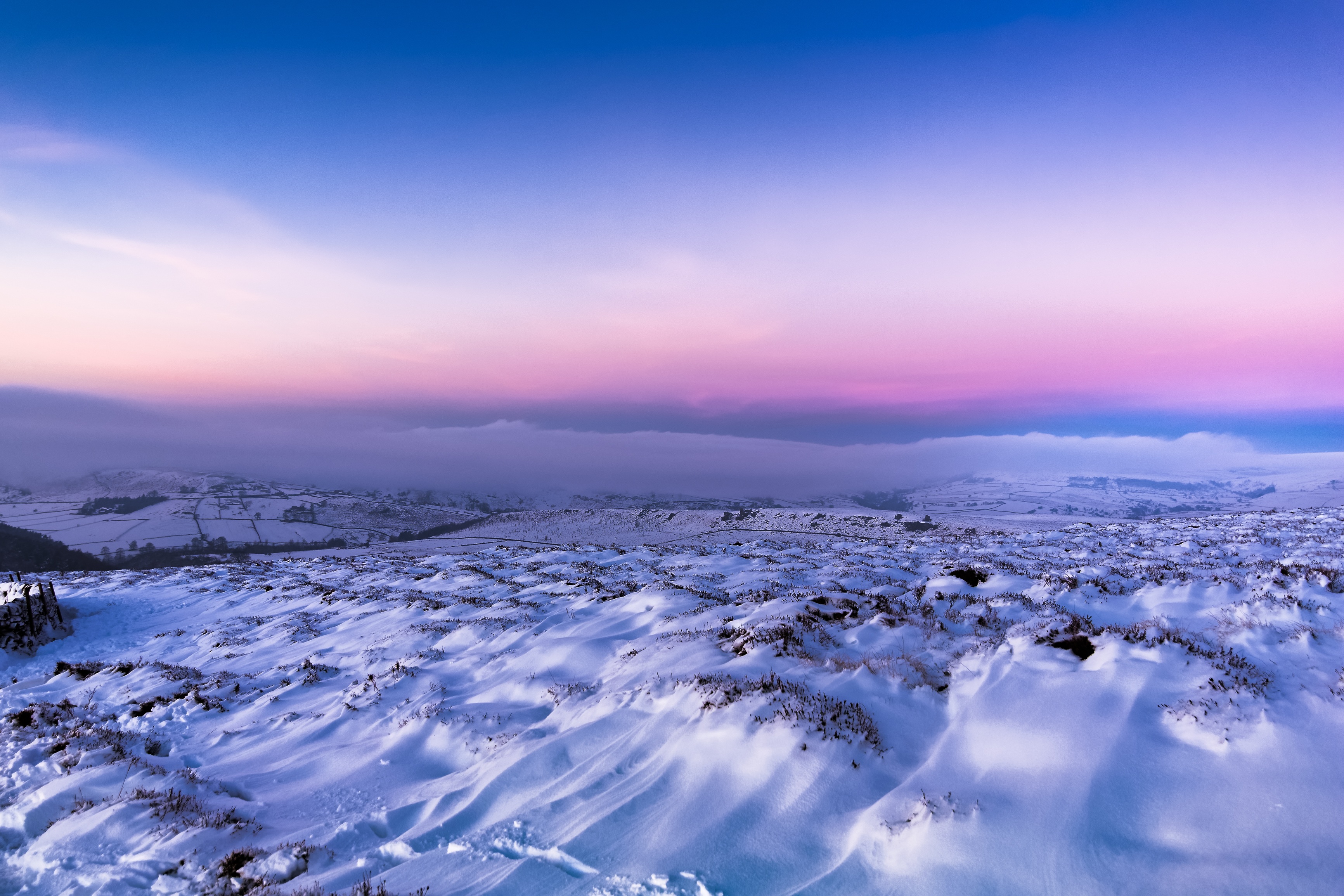 Download mobile wallpaper Dusk, Winter, Nature, Snow, Twilight, Sky for free.