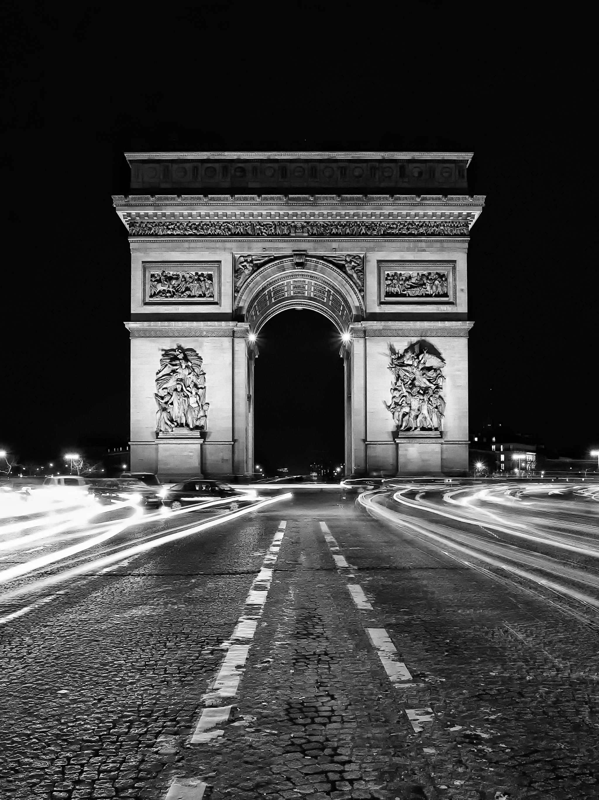 無料モバイル壁紙パリ, モニュメント, フランス, 記念碑, 夜, 黒 白, 凱旋門, マンメイド, タイムラプスをダウンロードします。