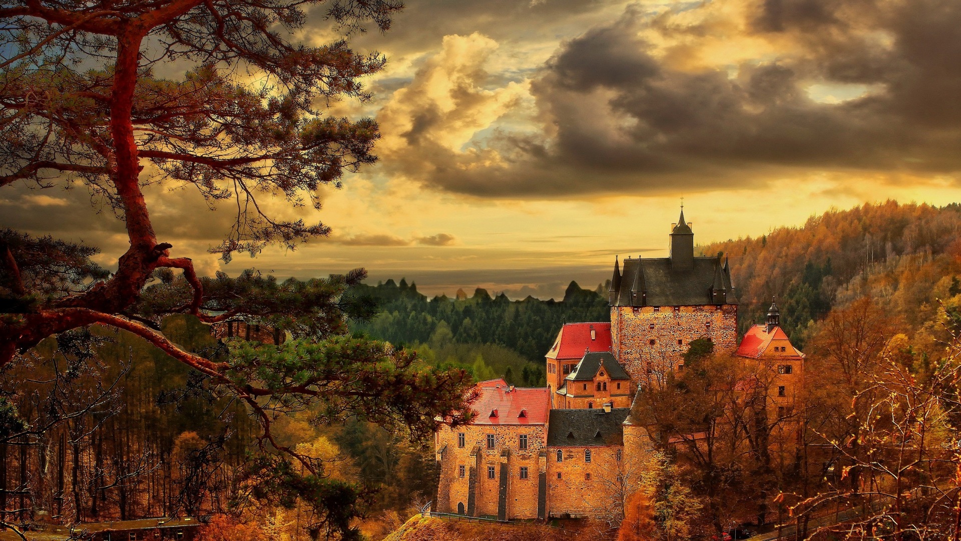 Download mobile wallpaper Castles, Mountain, Forest, Fall, Man Made, Castle for free.