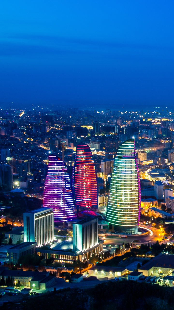 1162754 скачать обои азербайджан, баку, пламенные башни, сделано человеком, панорама, ночь, города - заставки и картинки бесплатно