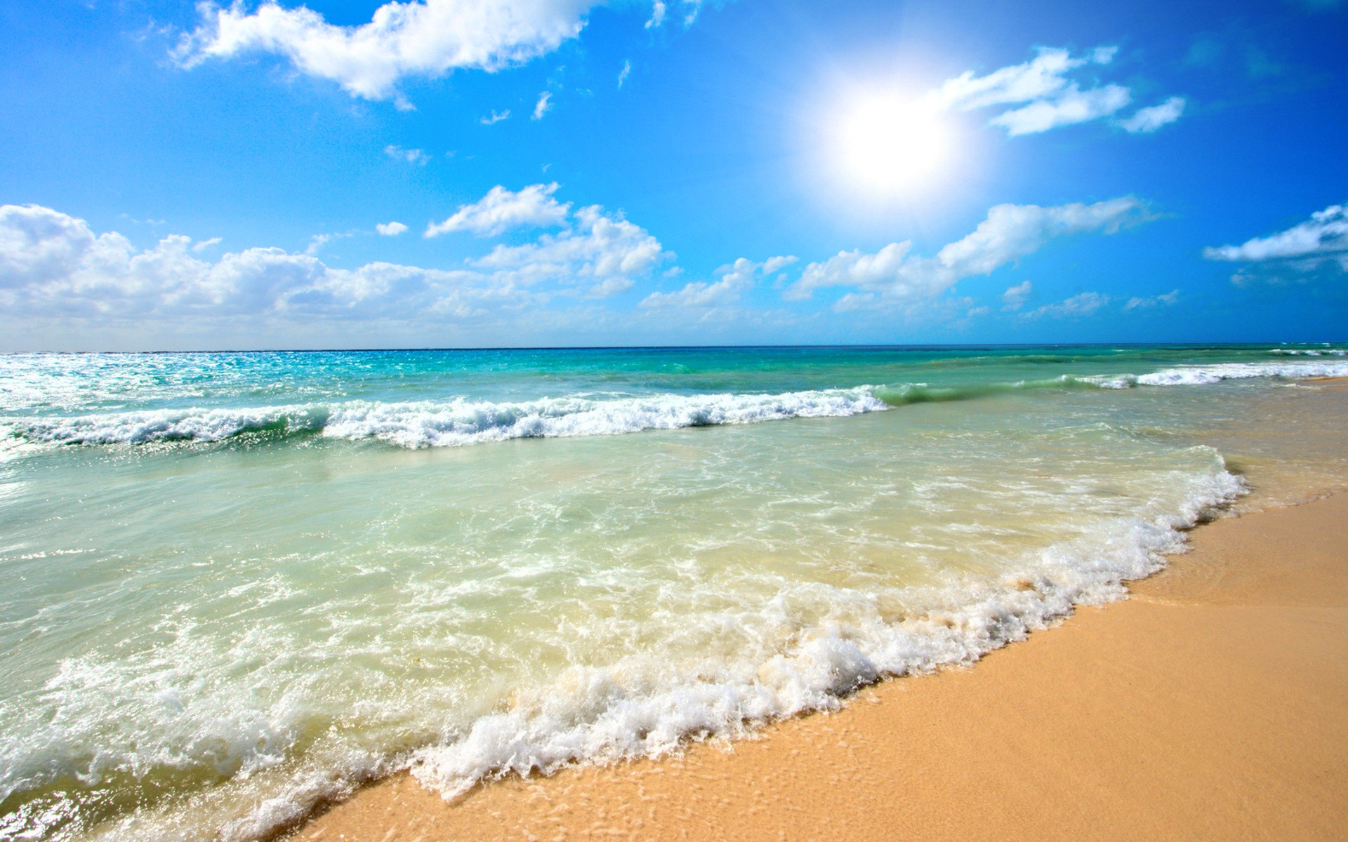 Скачать обои бесплатно Солнце, Пляж, Горизонт, Океан, Синий, Солнечный Свет, Волна, Земля/природа картинка на рабочий стол ПК