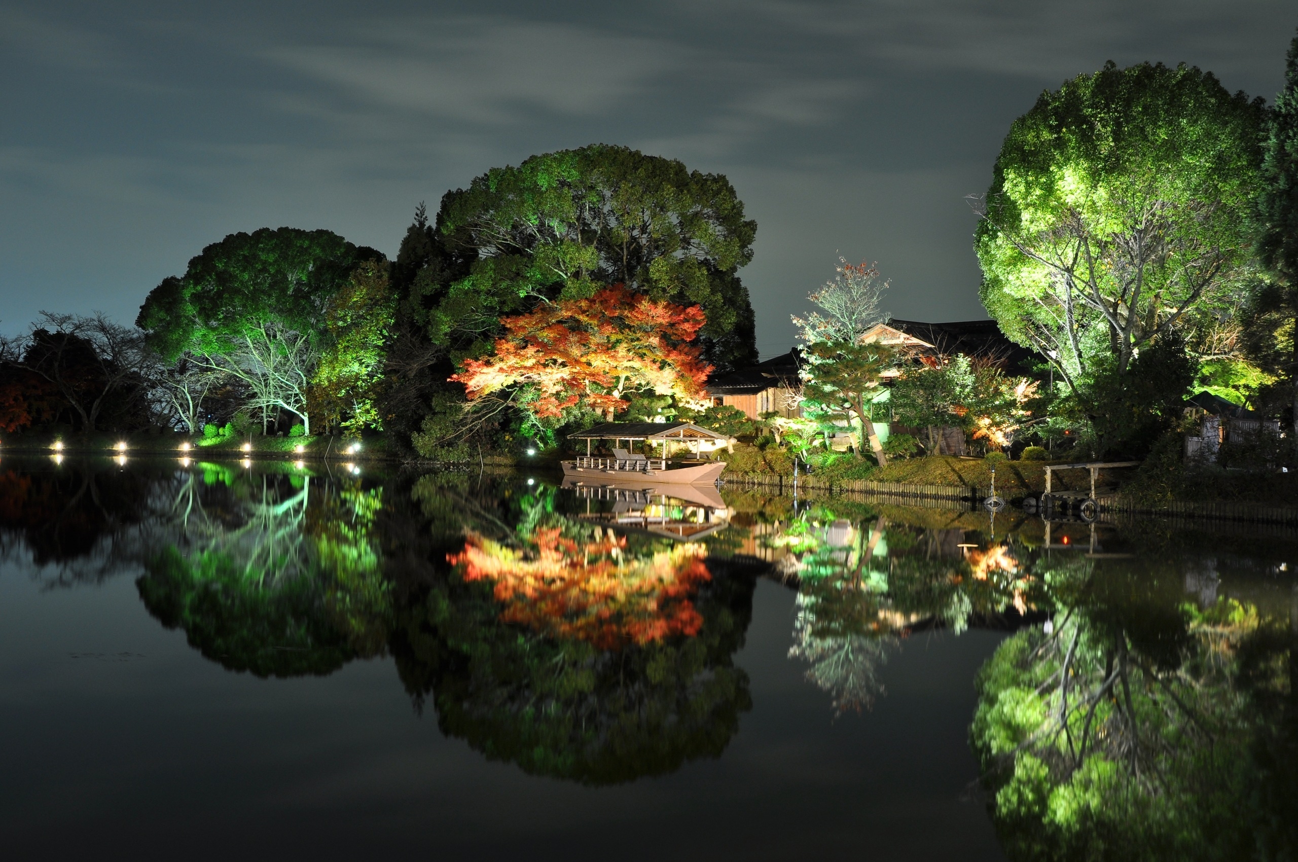 japan, house, trees, nature, reflection, shore, bank, shine, light, evening, boat
