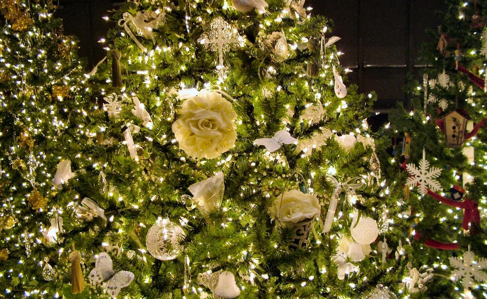 fir trees, holidays, decorations, snowflakes, holiday, garland, garlands HD wallpaper