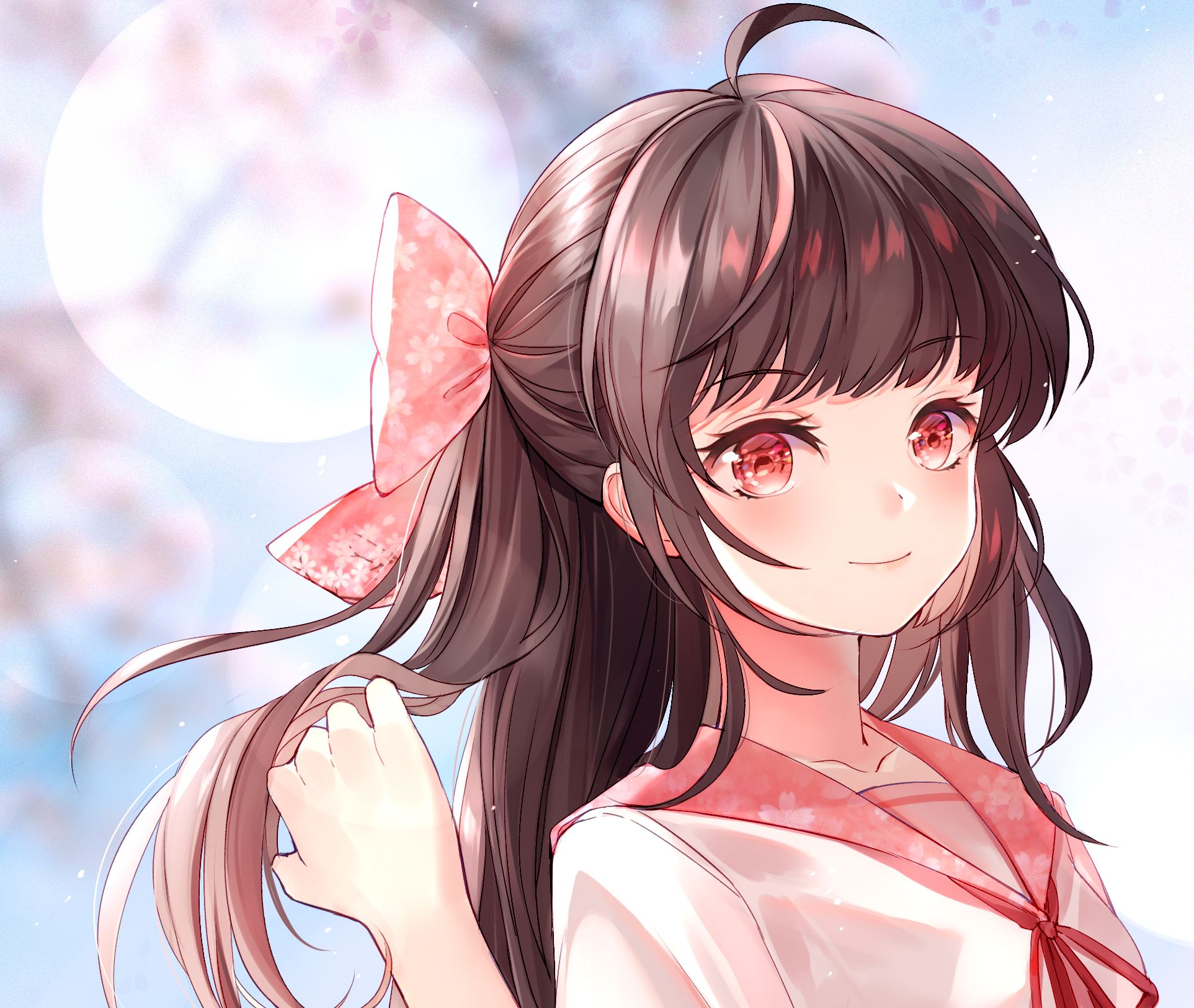 Download mobile wallpaper Anime, Moon, Smile, Cherry Blossom, Original, Long Hair, Brown Hair, Bow (Clothing), Pink Eyes for free.