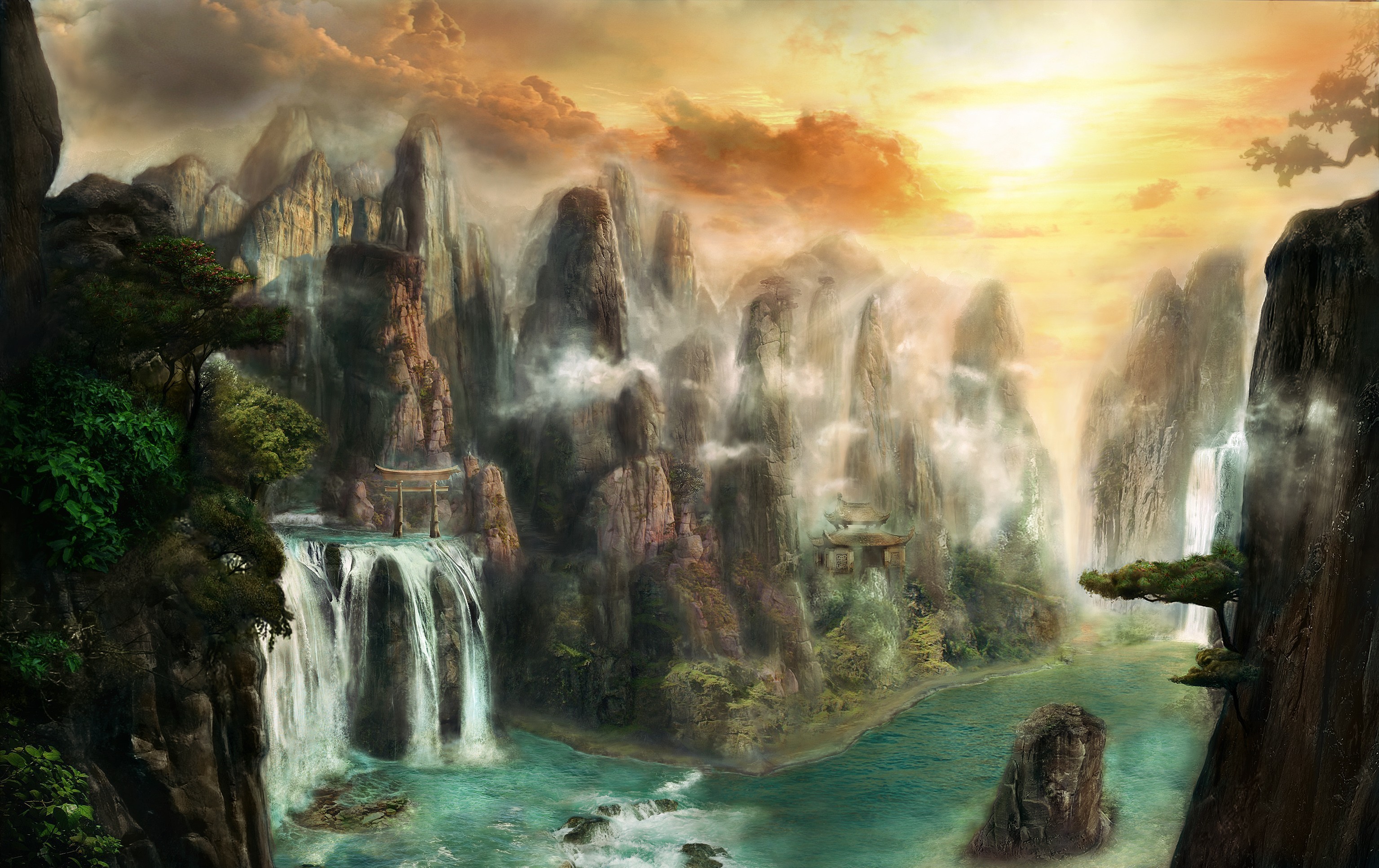 Laden Sie das Fantasie, Wasserfall, Orientalisch-Bild kostenlos auf Ihren PC-Desktop herunter