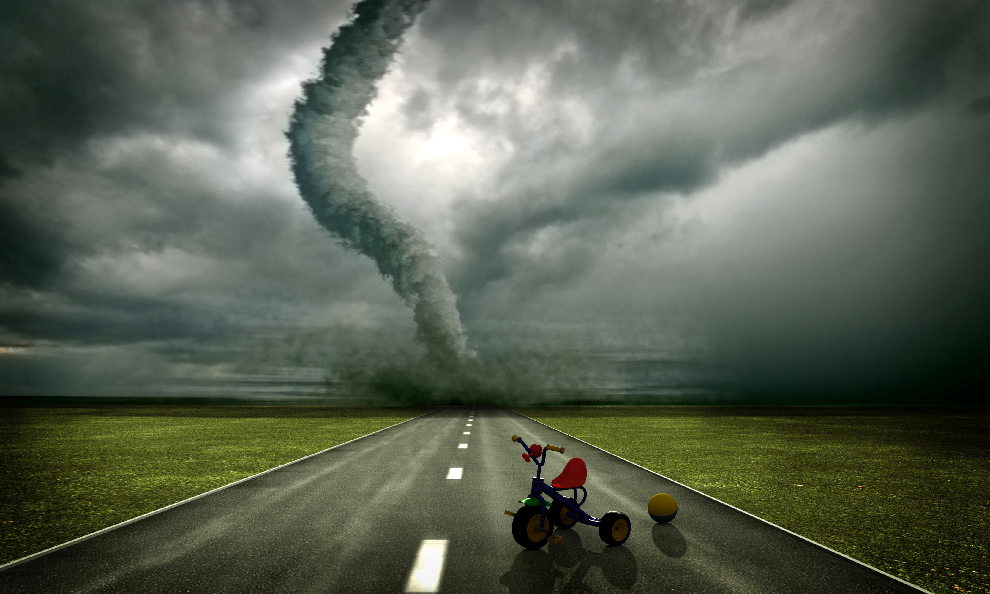 776132 descargar fondo de pantalla artístico, la carretera, bola, nube, tornado, triciclo: protectores de pantalla e imágenes gratis