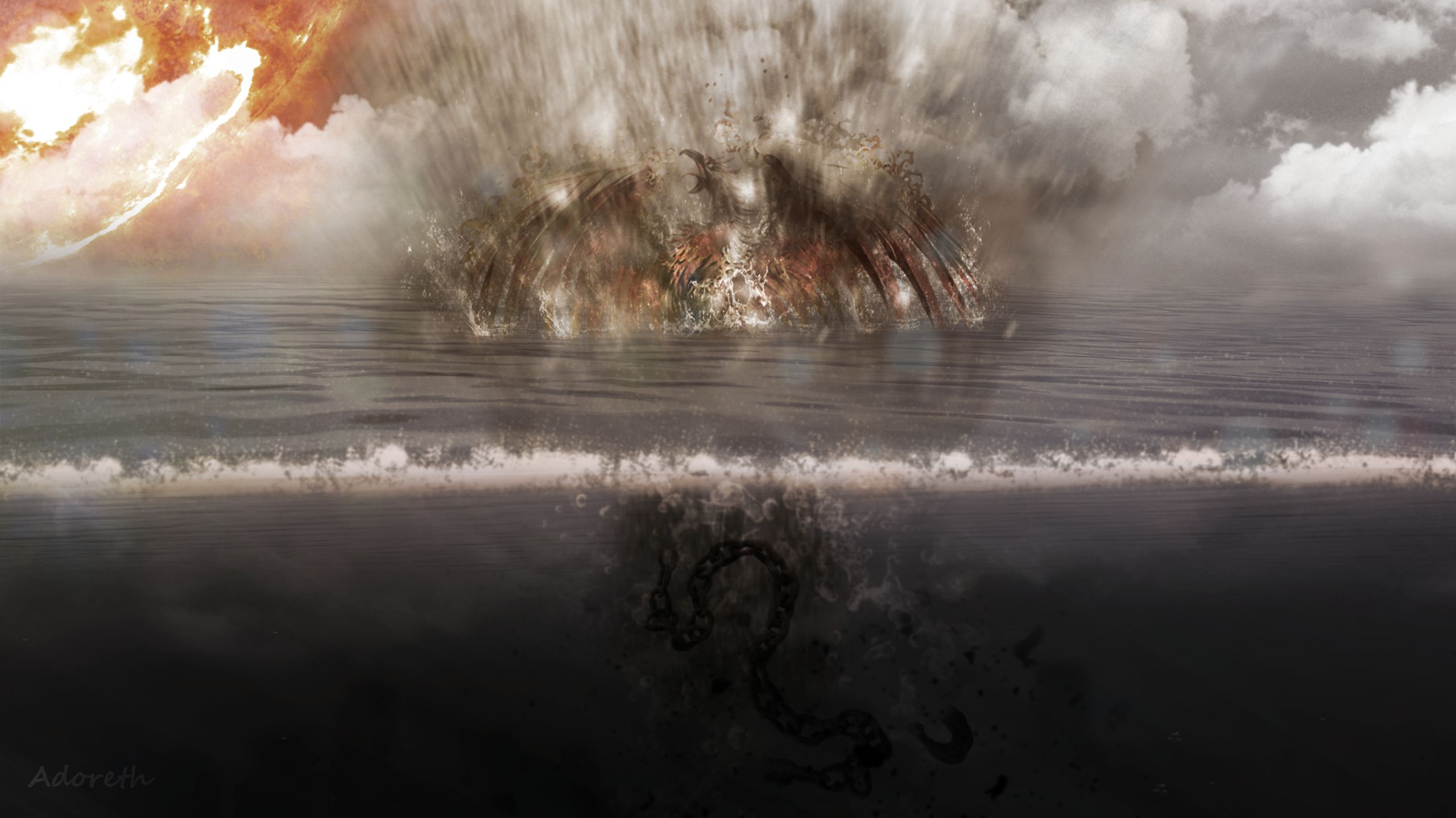 Download mobile wallpaper Fantasy, Sea, Sun, Underwater, Chain, Phoenix, Demon for free.