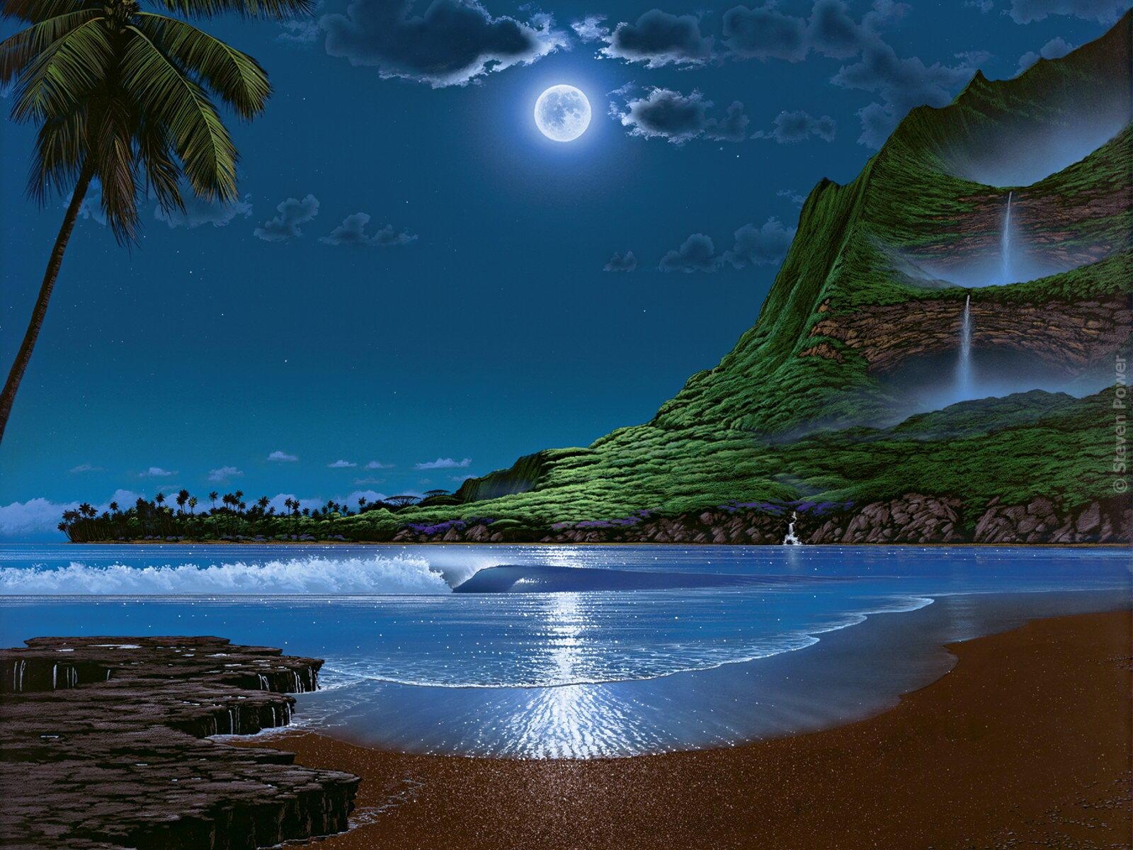Laden Sie das Mond, Wasserfall, Ozean, Palme, Gebirge, Digitale Kunst, Welle, Nacht, Mondlicht, Künstlerisch-Bild kostenlos auf Ihren PC-Desktop herunter