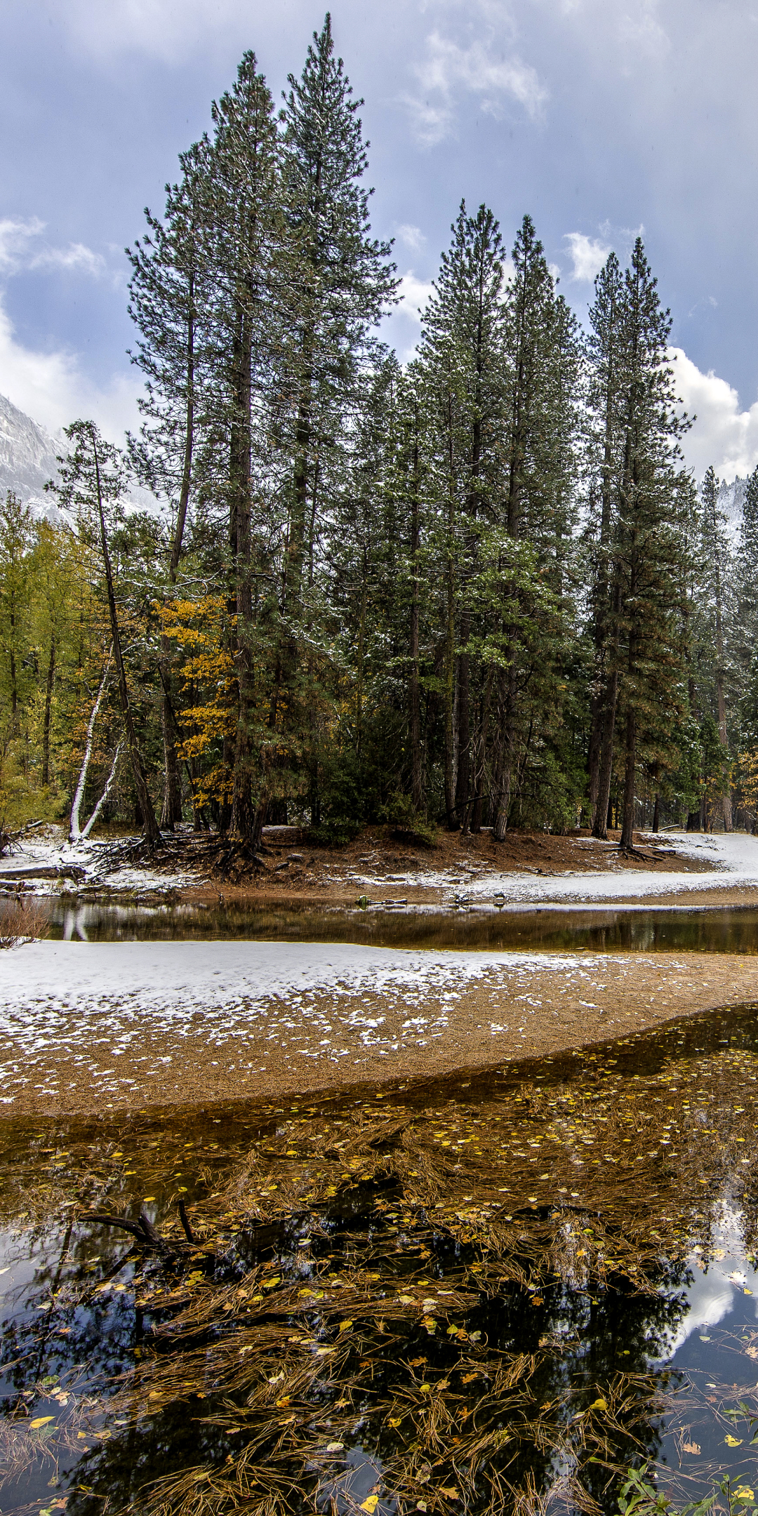 Download mobile wallpaper Winter, Nature, Mountain, Reflection, Tree, Earth, River for free.