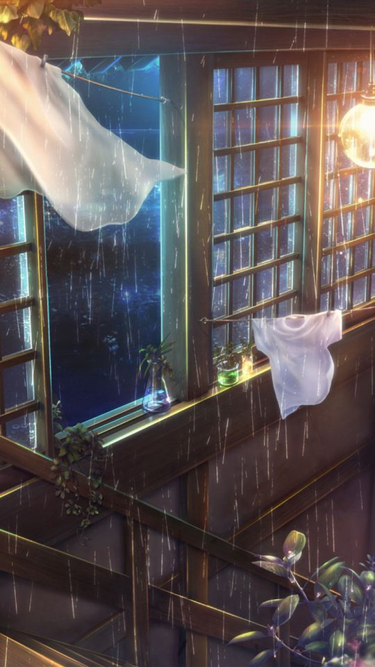 Download mobile wallpaper Anime, Rain, Night, Flower, Stairs, Room, Light Bulb, Original for free.