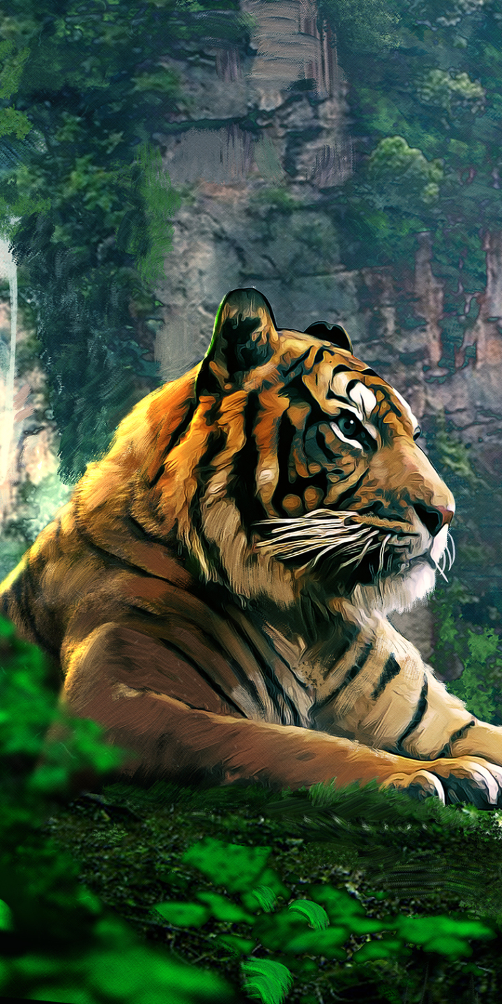 Download mobile wallpaper Cats, Waterfall, Tiger, Animal for free.