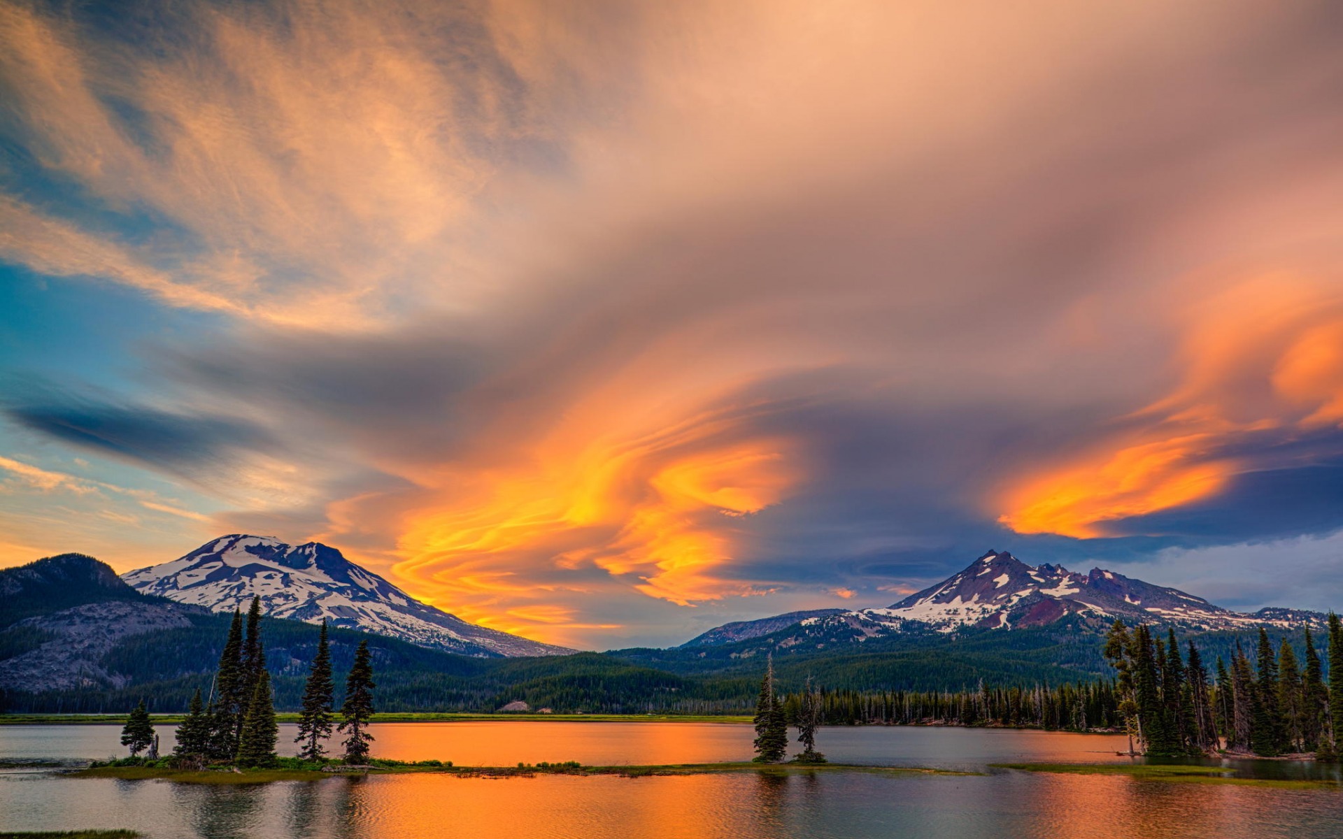 Free download wallpaper Sunset, Sky, Mountains, Mountain, Lake, Tree, Earth on your PC desktop