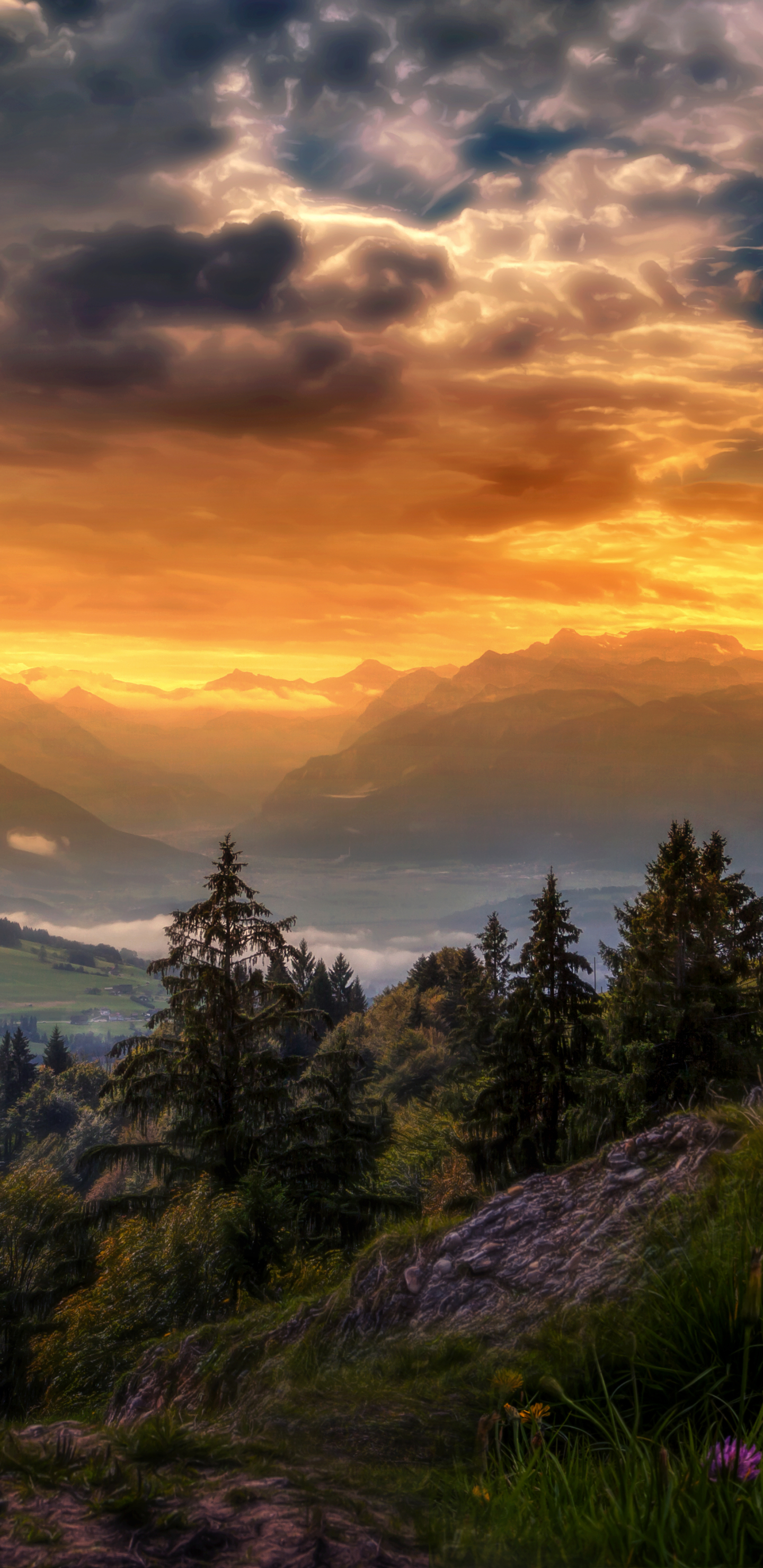無料モバイル壁紙風景, 日没, 山, スイス, 谷, 写真撮影, クラウドをダウンロードします。