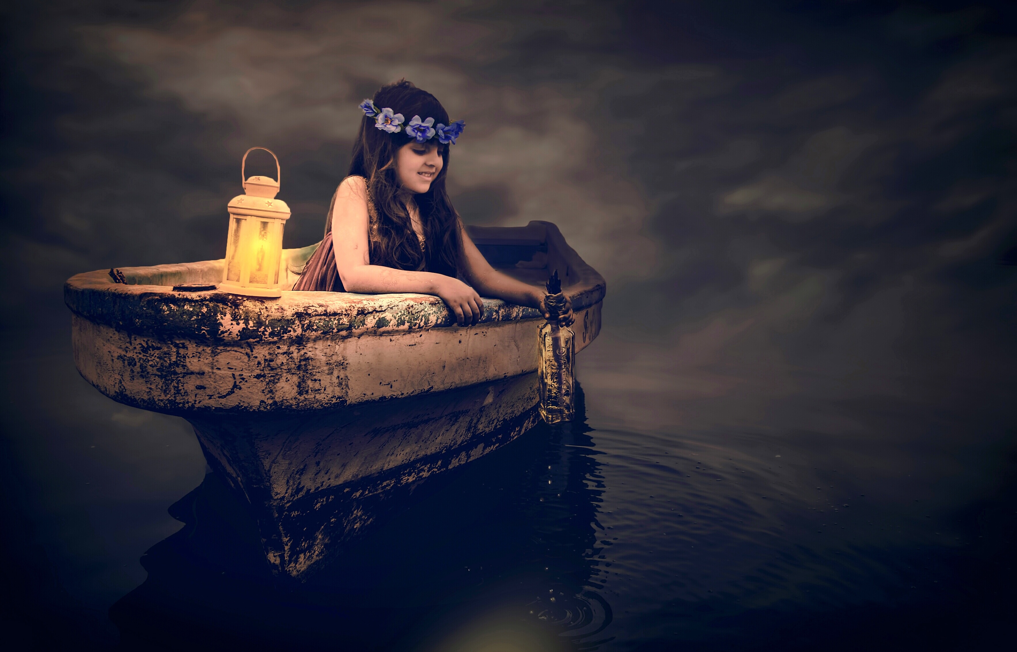Download mobile wallpaper Water, Lantern, Boat, Mood, Child, Wreath, Photography, Bottle for free.