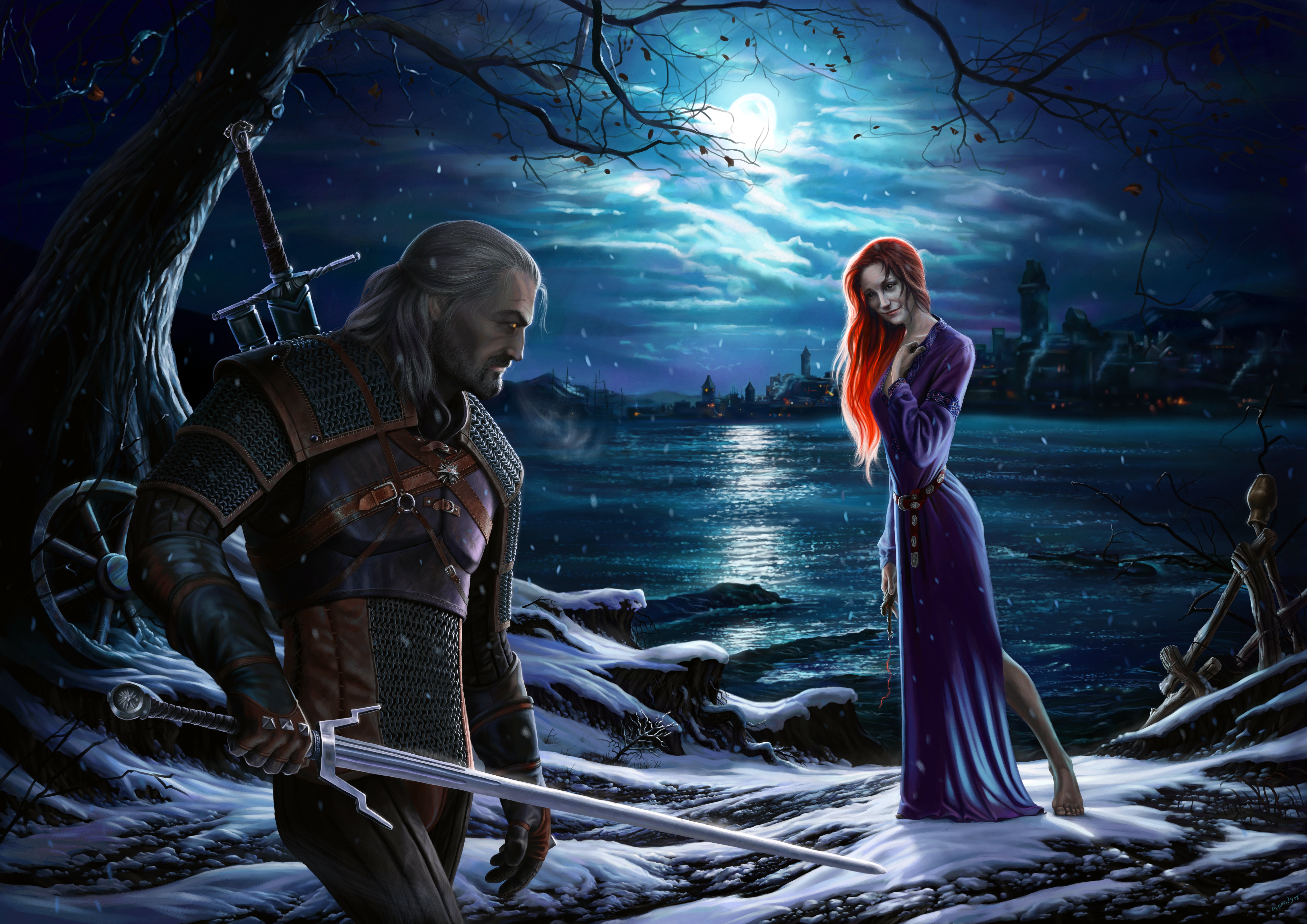 Download mobile wallpaper Night, Moon, Redhead, Warrior, Video Game, The Witcher, Purple Dress, Geralt Of Rivia, The Witcher 3: Wild Hunt for free.