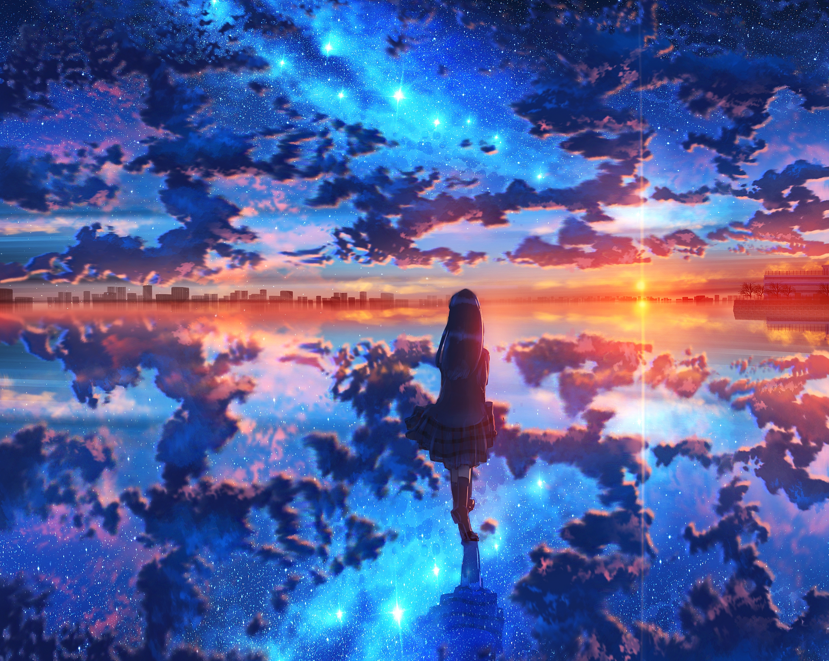 Download mobile wallpaper Anime, Sunset, Reflection, Starry Sky, Cloud for free.