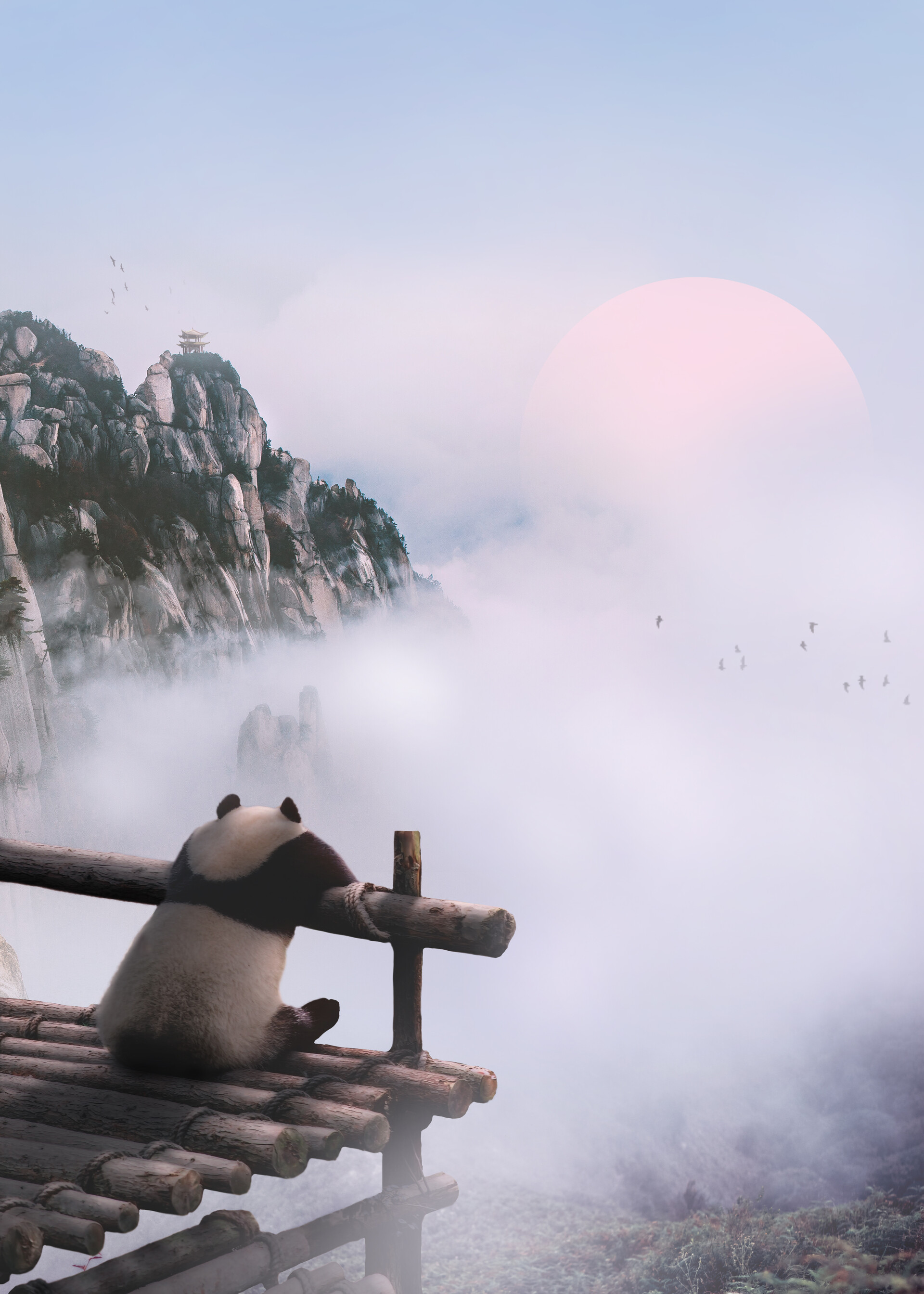 Free download wallpaper Animals, Nature, Mountains, Clouds, Fog, Panda on your PC desktop