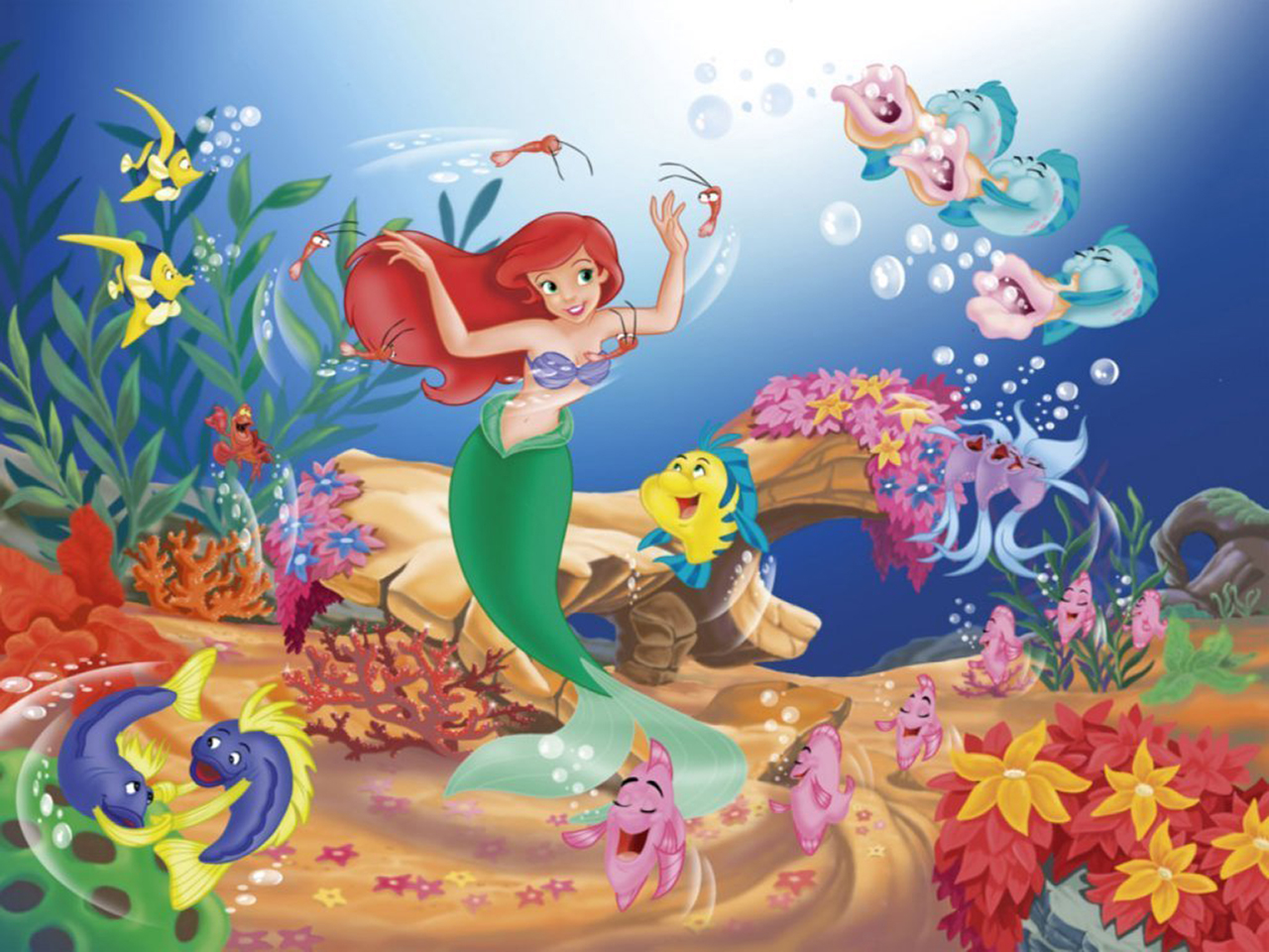 the little mermaid, movie, the little mermaid (1989), ariel (the little mermaid), flounder (the little mermaid), mermaid, red hair, sebastian (the little mermaid)