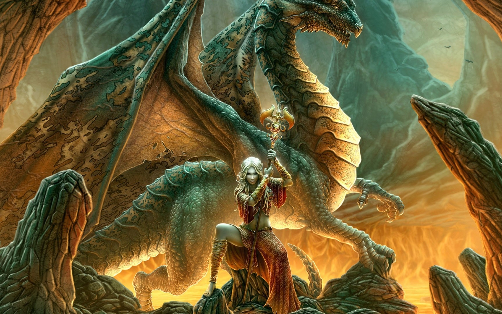 Download mobile wallpaper Fantasy, Wings, Dragon, Cave, Elf, Staff for free.