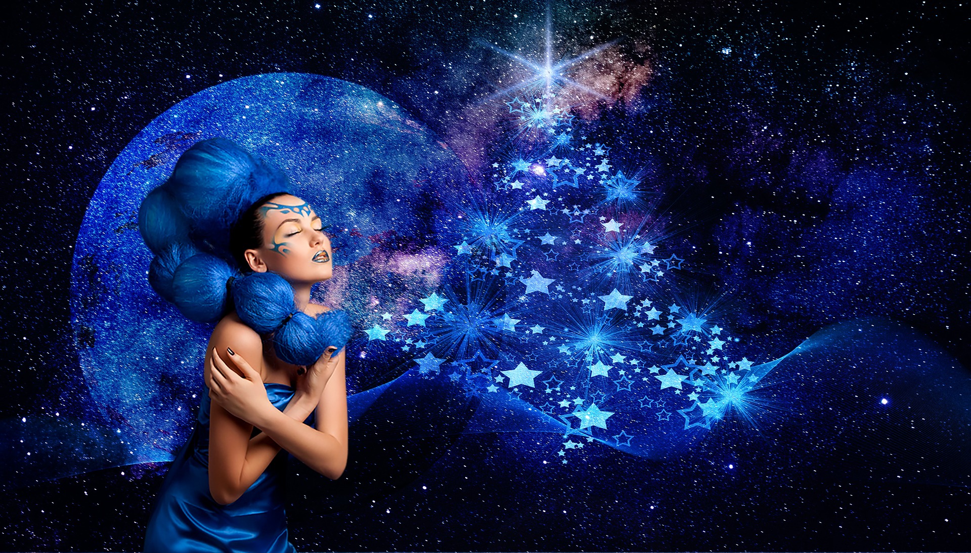 Download mobile wallpaper Fantasy, Sky, Stars, Moon, Christmas Tree, Women, Braid, Blue Hair, Asian for free.