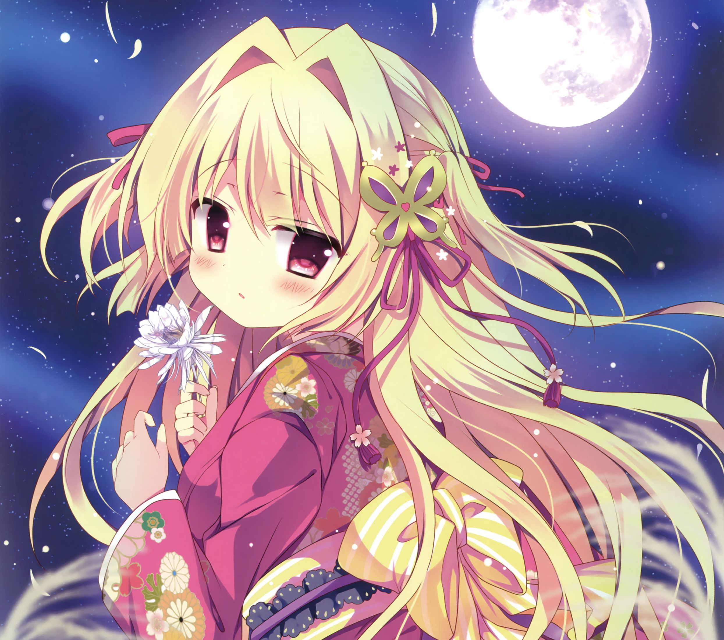 Laden Sie das Mond, Blume, Kimono, Original, Blondinen, Erröten, Braune Augen, Animes, Lange Haare-Bild kostenlos auf Ihren PC-Desktop herunter
