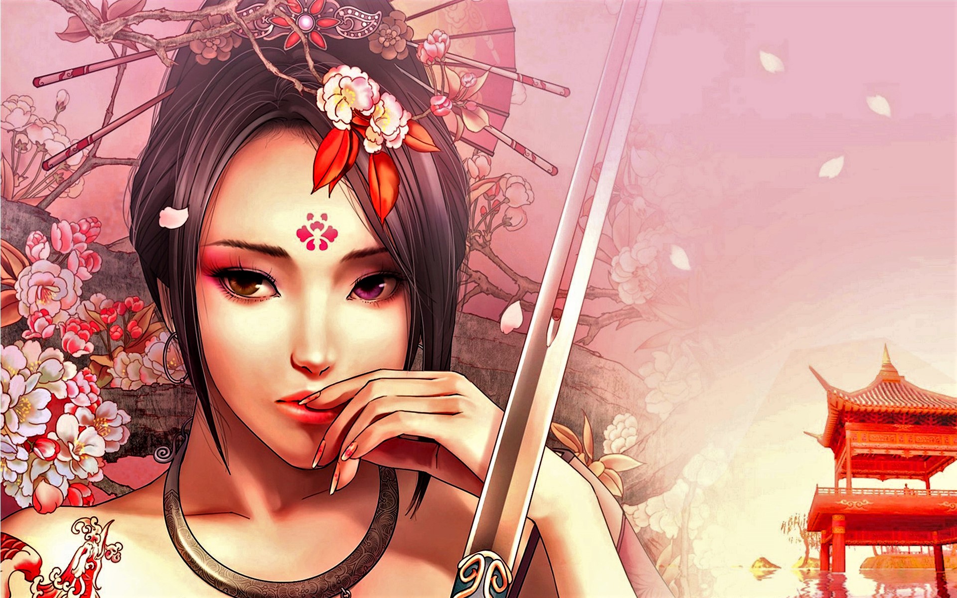 jx online, video game, asian, fantasy, flower, pagoda, sword